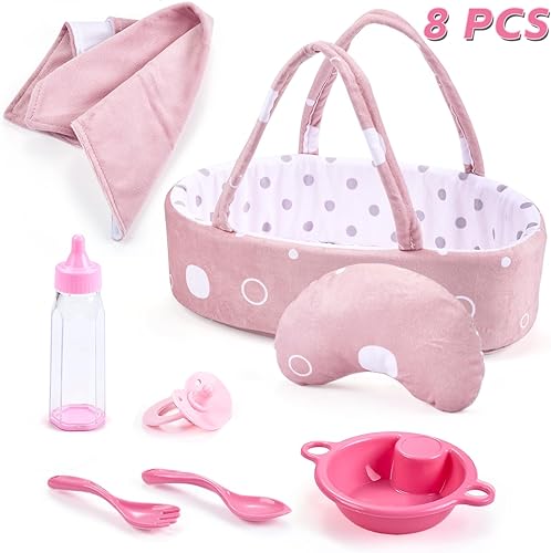 Enjoyin Juego de 8 accesorios para muñecas de bebé, incluye biberón, chupete, manta, almohada, vajilla y portador de moisés para muñecas de 9 a 12