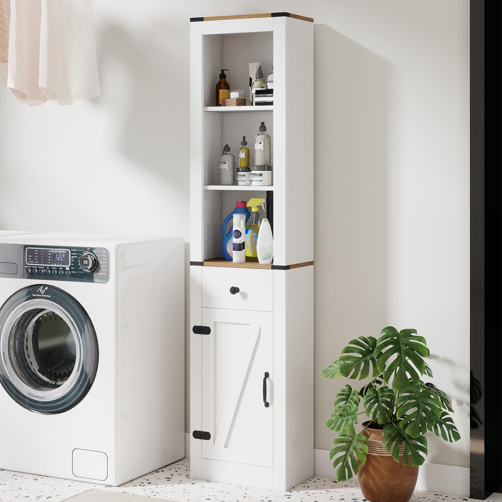 GIANTEX Armario Alto de Baño de 173 cm, Mueble Columna con 3 Estantes, Cajón y Armario Inferior, Estante Ajustable, 40 x 24 x 173 cm, Mueble Organizador para Cocina, Salón