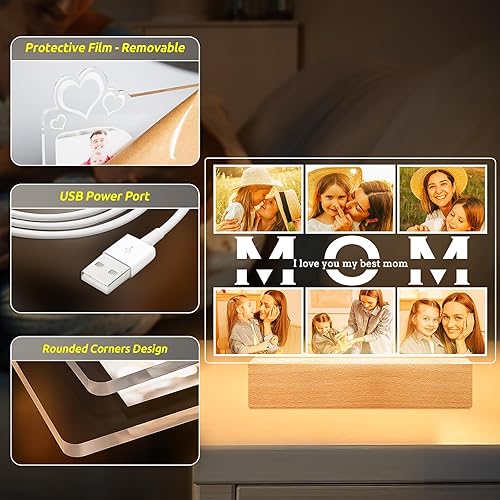 Miniatura 5 de Regalos de cumpleaños personalizados para mamá de hija e hijo, marcos de fotos personalizados con fotos, marco de fotos personalizado con luz