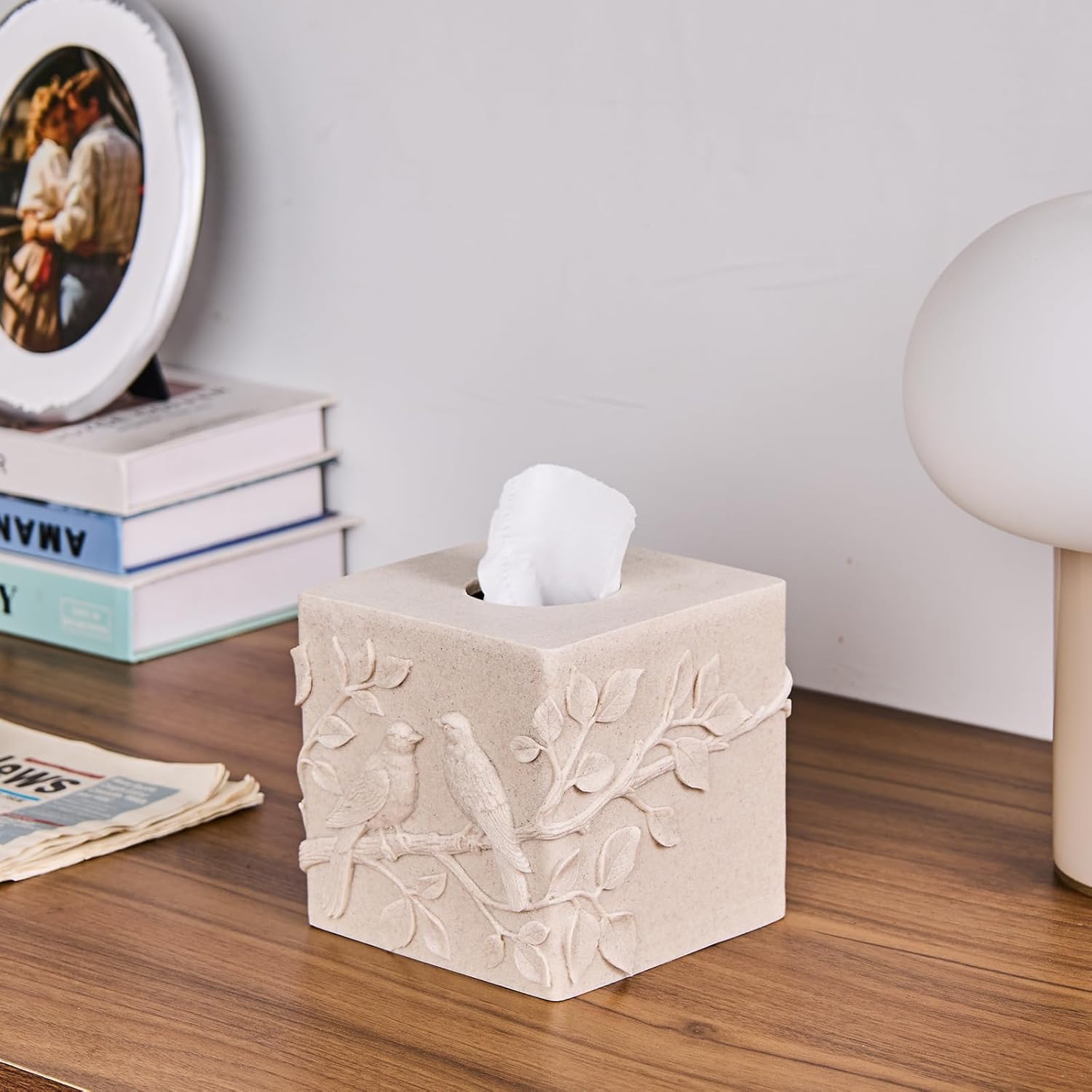 Beige Sandstone Relief Birds Square Tissue Box Cover Decorative,Resin Heavy Sturdy Tissue Box Holder, Facial Paper Holder for Bathroom Vanity Countertop, Bedroom Night Stand,Office and End Table
