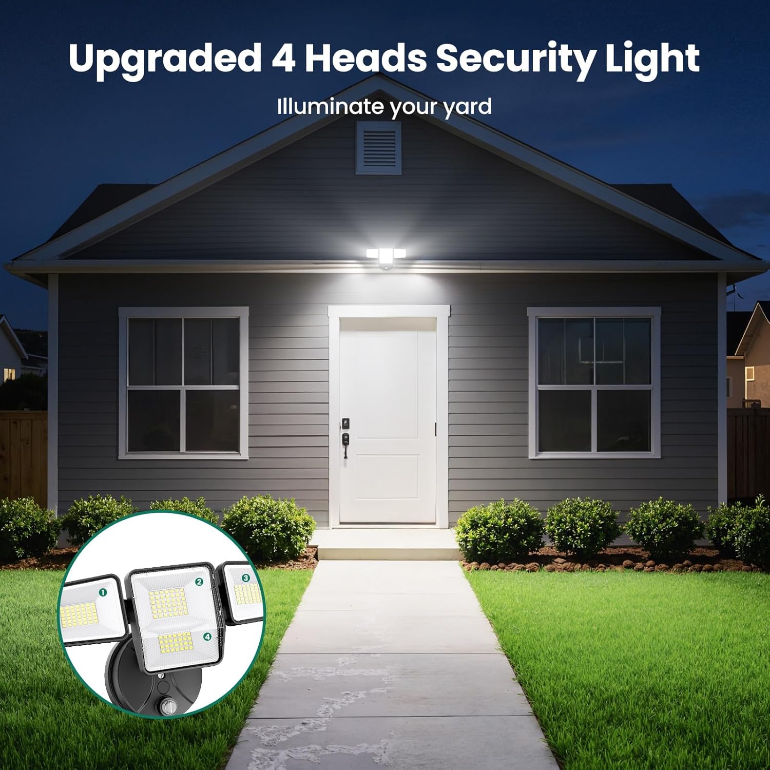 70W Dusk to Dawn Flood Lights Outdoor Lighting, 7000LM Dusk Till Dawn Floodlight, 4 Heads LED Security Light with Photocell, IP65 Waterproof, 6500K Daylight for Yard Garage Porch 2 Pack Black