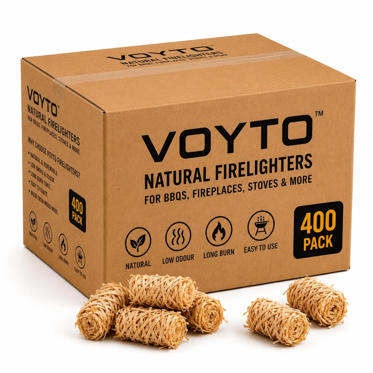 VOYTO Natural Firelighters - 400 Eco Wood Wool & Wax Fire Starter Cubes for BBQ, Pizza Oven, Log Burners & Fireplaces - Odorless, Fast Ignition, Long Burn, Chemical-Free for Indoor & Outdoor Use