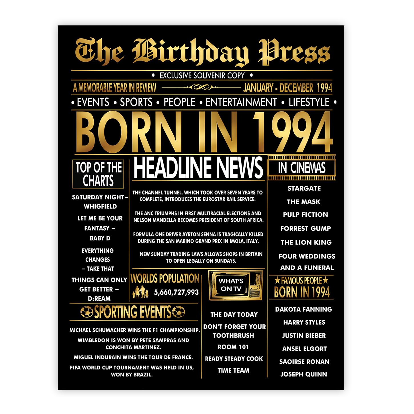 Stuff4 Gold 32nd Birthday Poster Unframed, Golden Born In 1994 Newspaper