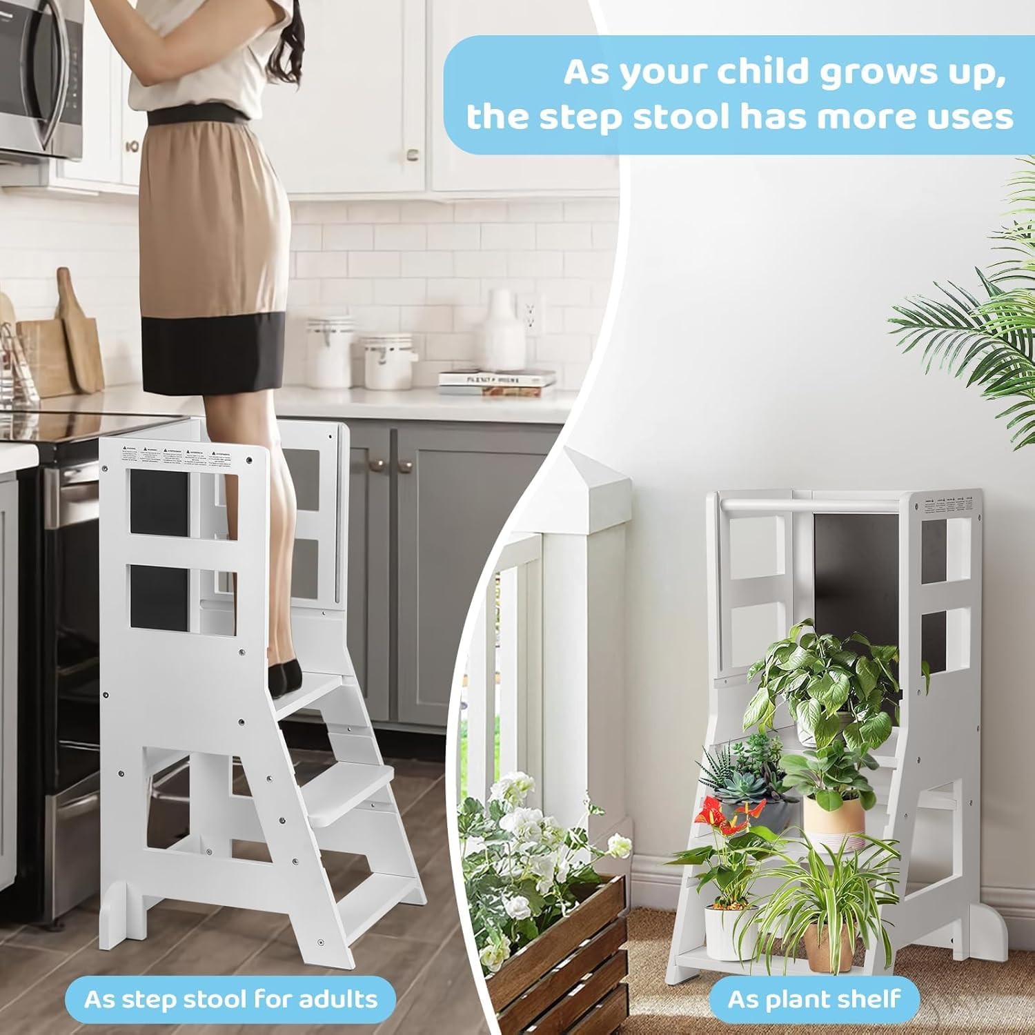 Torre para niños pequeños con planos ajustables de 3 alturas, tablero blanco magnético y negro extraíble
