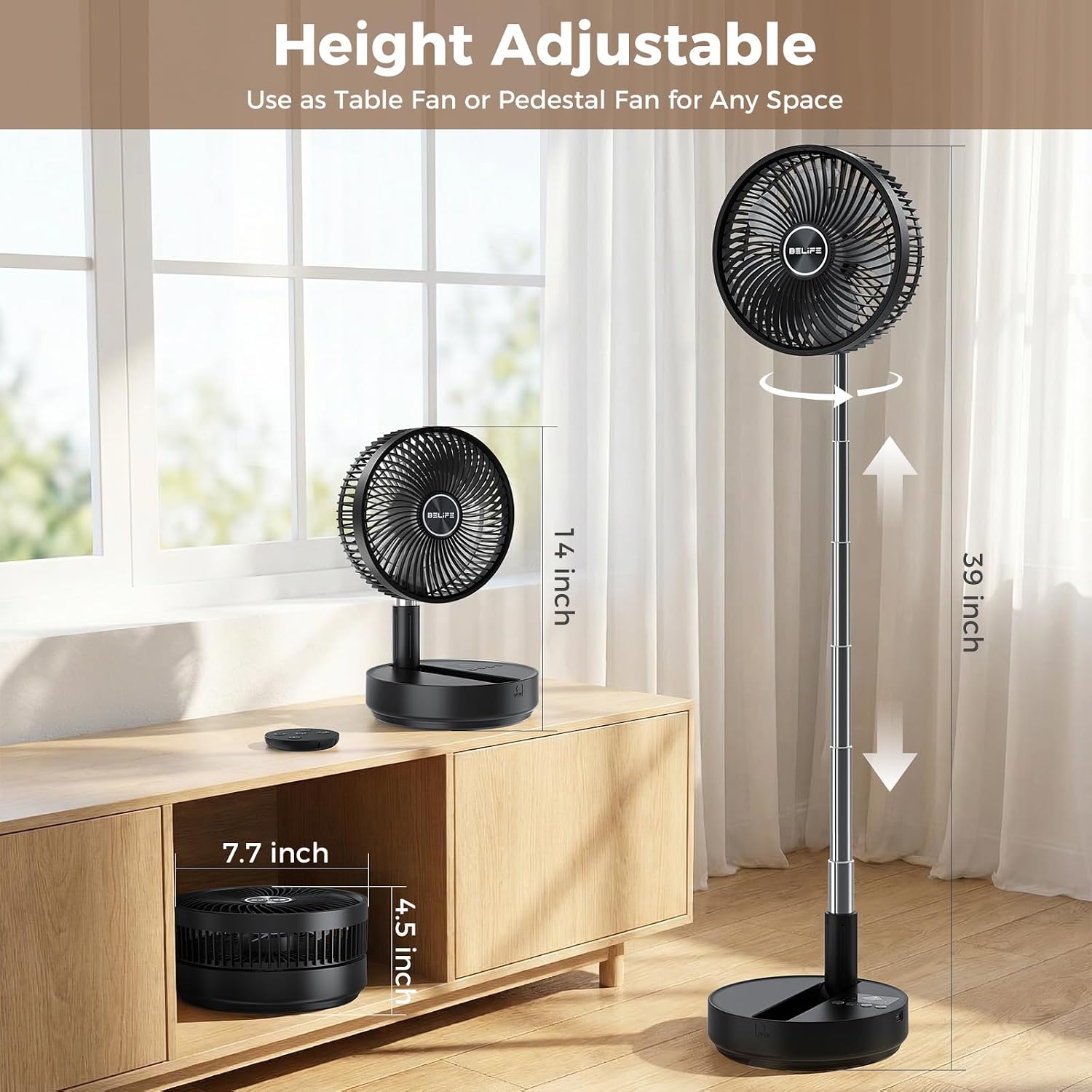 Belife X8 Plus Portable Oscillating Fan, 8'' 7200mAh Rechargeable Battery Powered Operated USB Fan with Remote, Cordless Quiet Standing Foldable Floor Table Fan for Camping Travel Cruise Bedroom