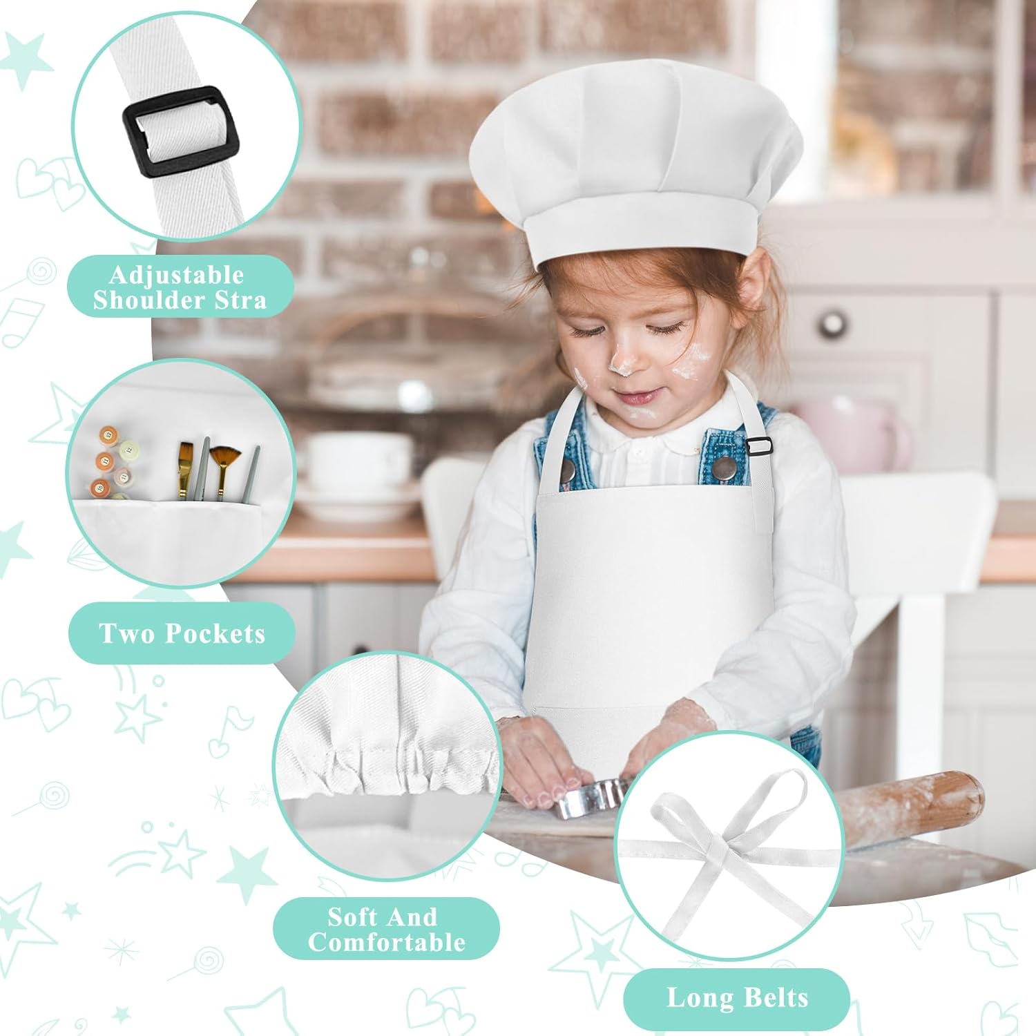 Kids Apron and Chef Hat Set Adjustable Child Art Aprons with 2 Pockets Toddler Chef Hat and Apron for Cooking Baking Painting (White) - Image 3