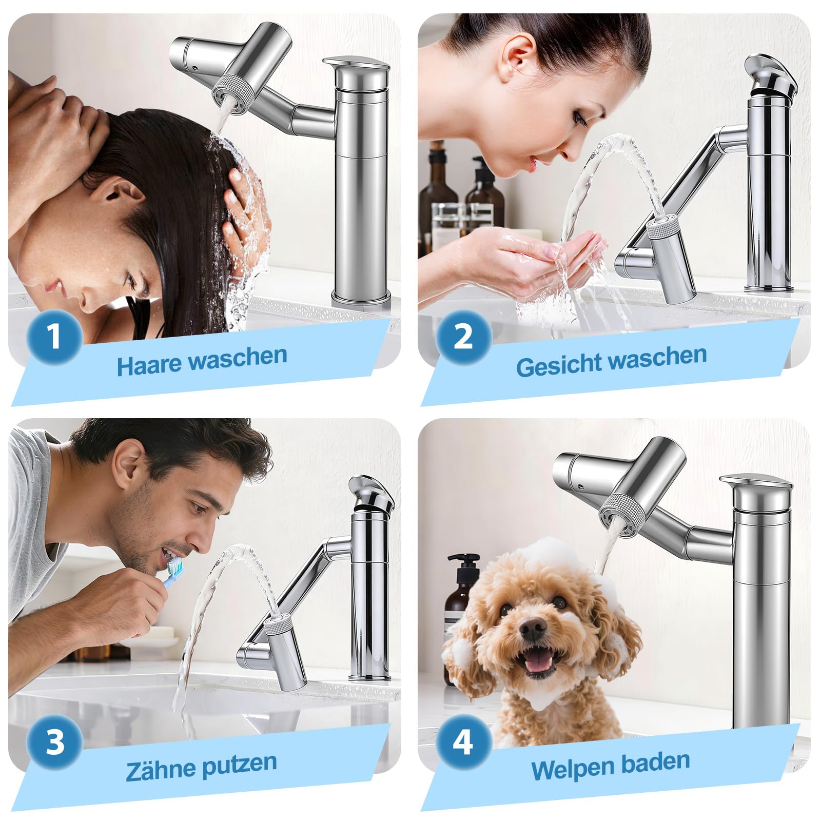 Wasserhahn Bad mit Temperaturanzeige(Batterielos), 1080° Drehbar Einhebelmischer Waschbecken, Höhenverstellbare Badezimmer Wasserhahn, Waschtischarmatur Hoch