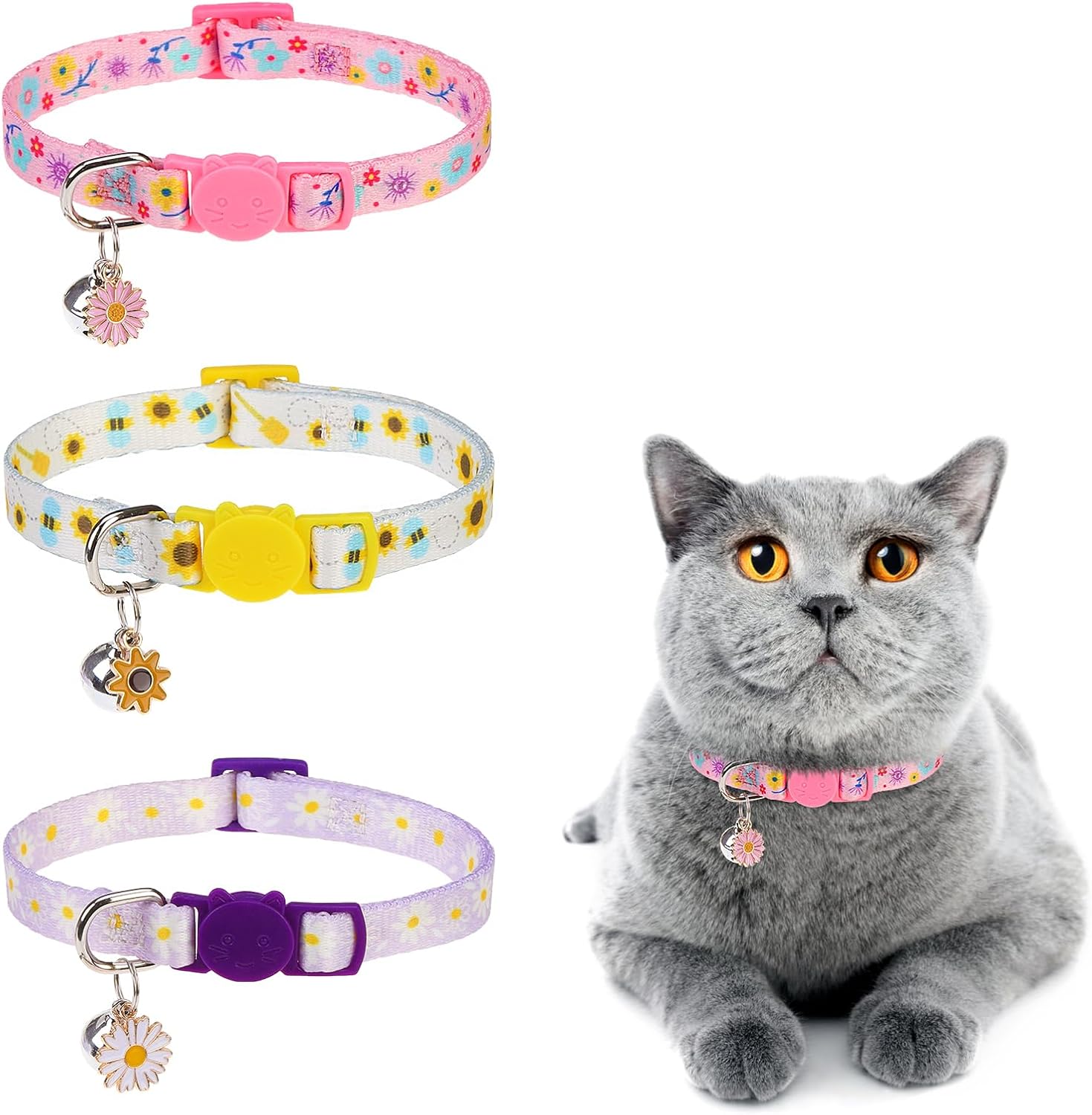 Breakaway Cat Collar with Bells, 3 Pack Summer Spring Cat Collar for Girl Boy Cats, Cute Pink Purple Yellow Flower Kitten Collars with Safety Buckle, Adjustable 8″-12″ for Puppy Small Pets