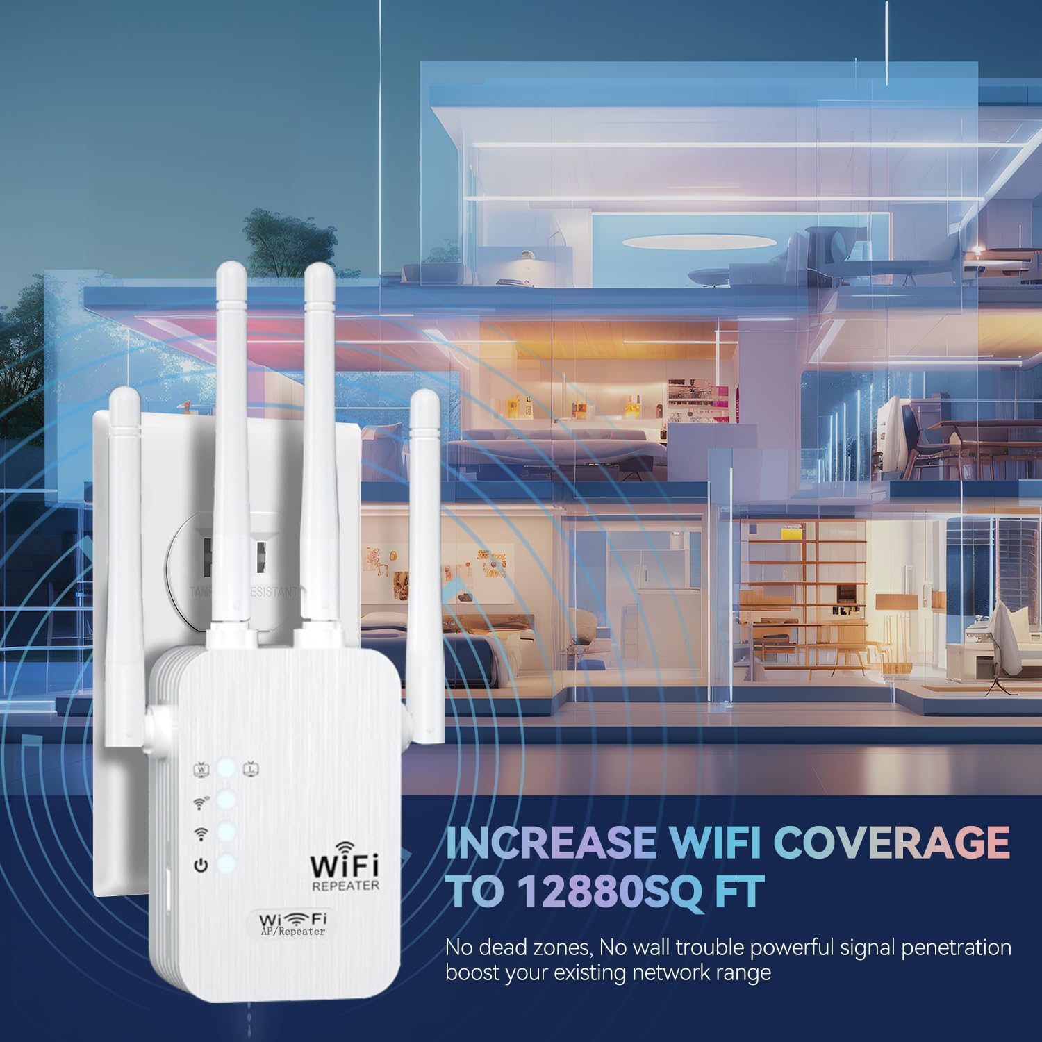 Répéteur WiFi, Amplificateur WiFi 1200 Mbps, 5GHz/2.4GHz Puissant Répéteur WiFi 4 Antennes, Port Ethernet Gigabit, WiFi Extender Booster Compatible avec Toutes Les Box Internet, Augmente la Couverture - 4