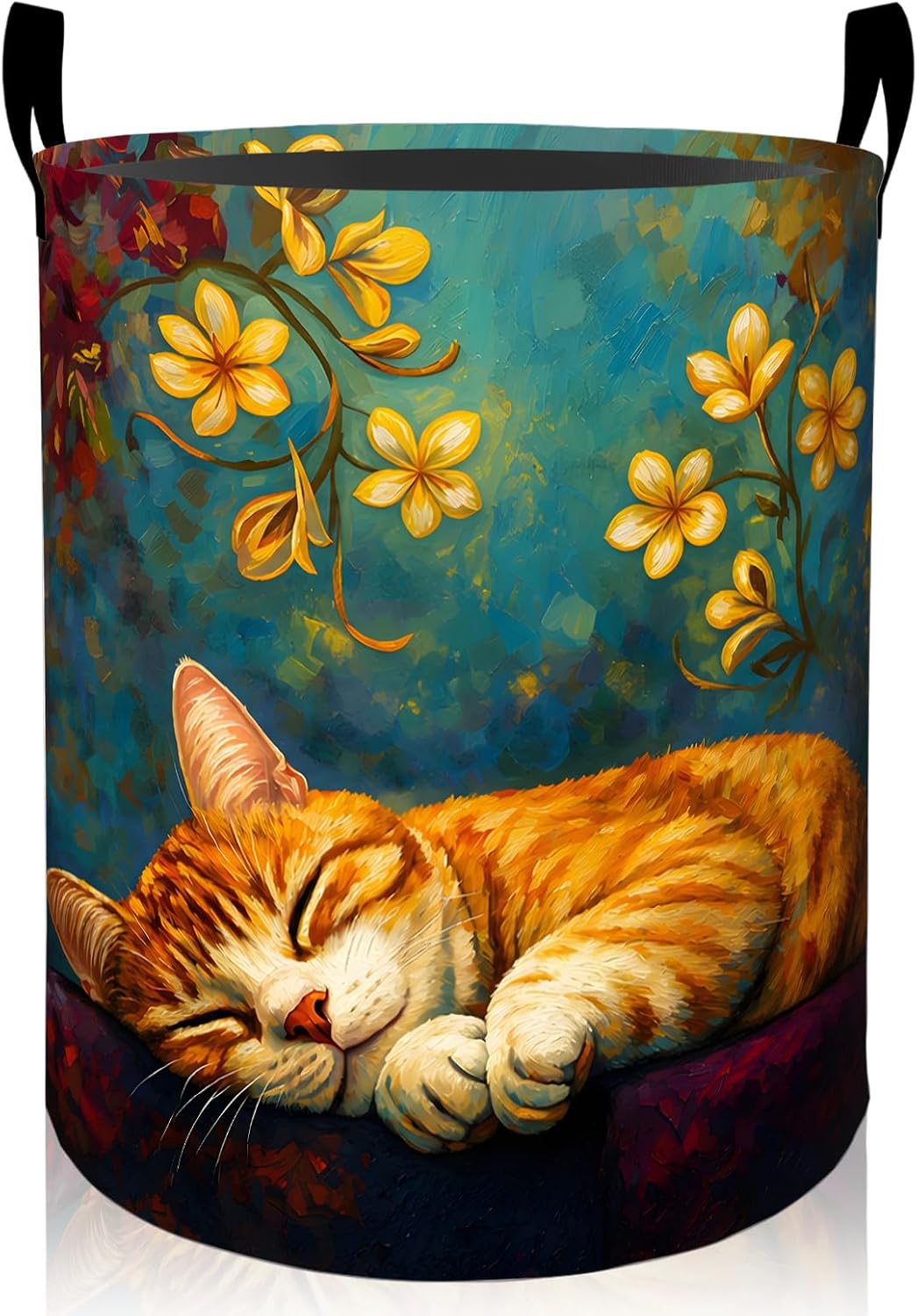 Sleeping Cat Laundry Basket, Orange Tabby Foldable Oxford Cloth, Waterproof Dirty Clothes Hamper with Handles, Clothing Storage Bin Toy Organizer for Bedroom Dorm Bathroom, 19.7"x15.7"