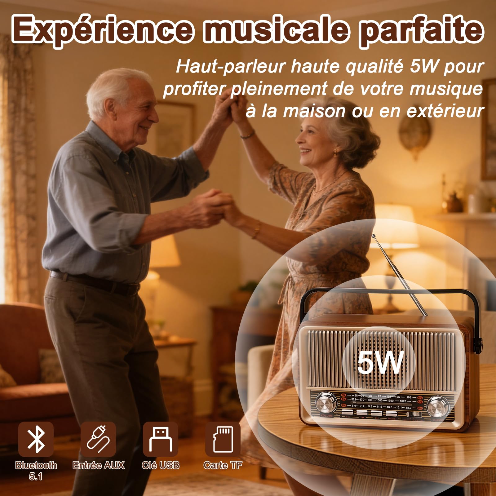Radio Portable Poste Radio Vintage,AM/FM/SW,Radio Bluetooth Supports USB/TF/AUX,avec Batterie 1200mAh,pour Les Cuisines De La Maison Et du Bureau