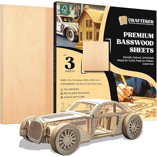 Basswood Plywood Sheets 12x12x1/8 (3mm), 3-Pack — True 305×305 mm, Triple-Layer, FSC — for Laser Cutting & Engraving, Glowforge/xTool — Anti-Warp Packaging — CRAFTEKER