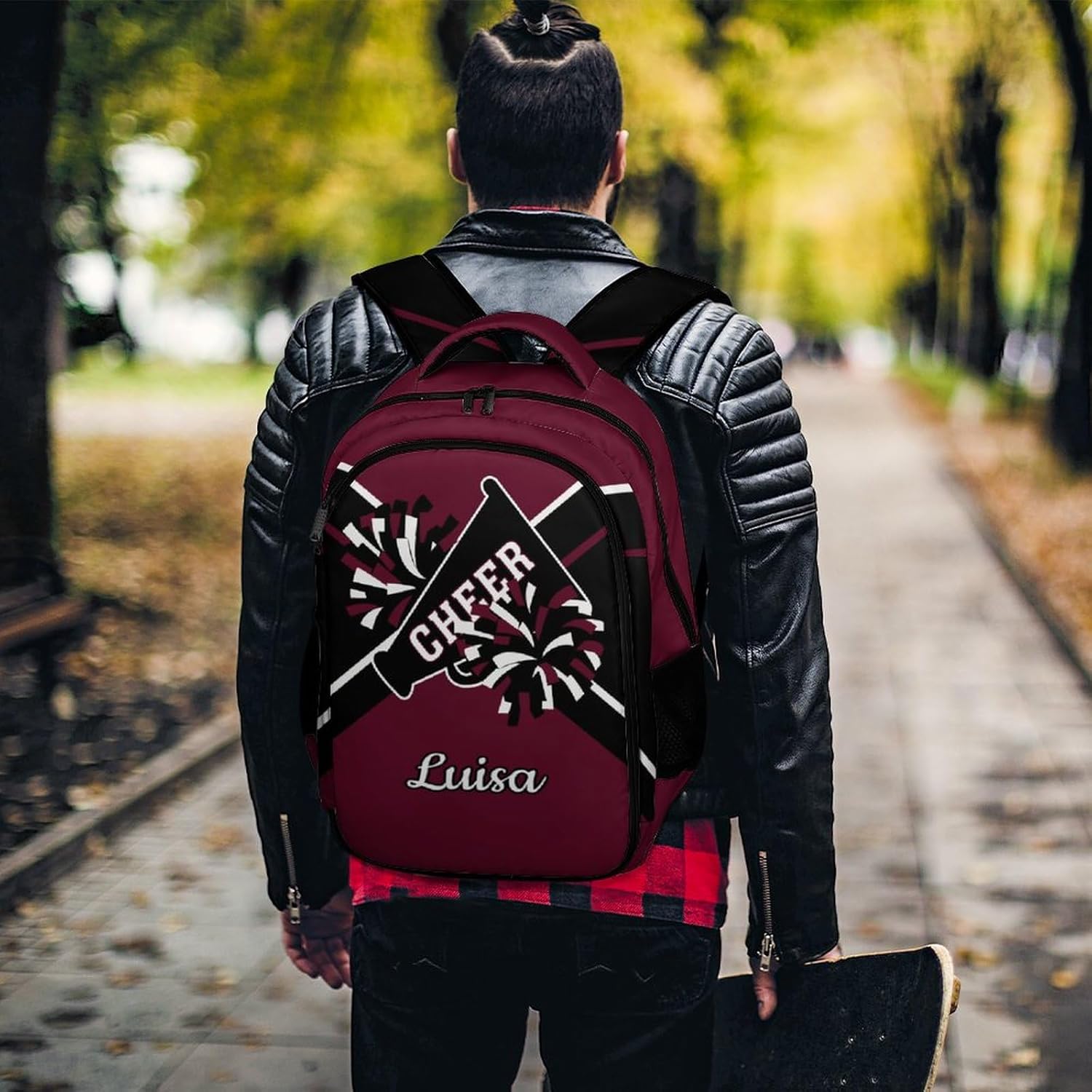 Dark Red Cheerleader Waterproof School Backpack Personalized with Name for Men Women Sport Laptop Bag