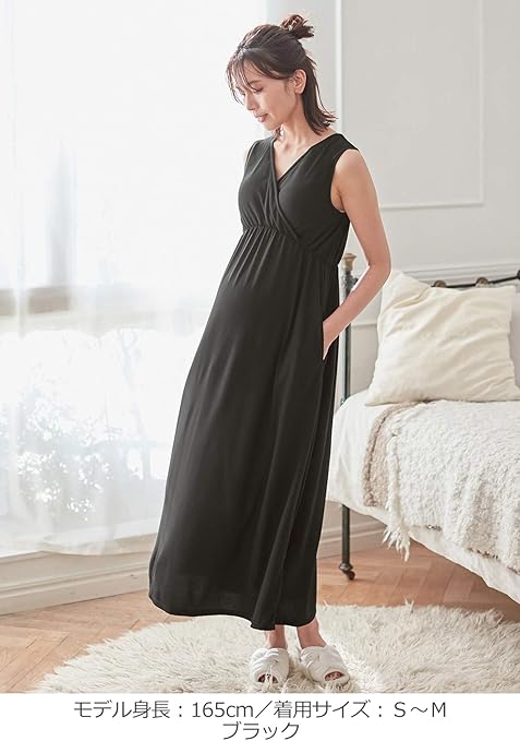 Amazon Co Jp Angeliebe エンジェリーベ マタニティ パジャマ 授乳服 前開き 授乳しやすいカップ付カシュクールノースリーブロング ワンピース 産前 産後 服 ファッション小物