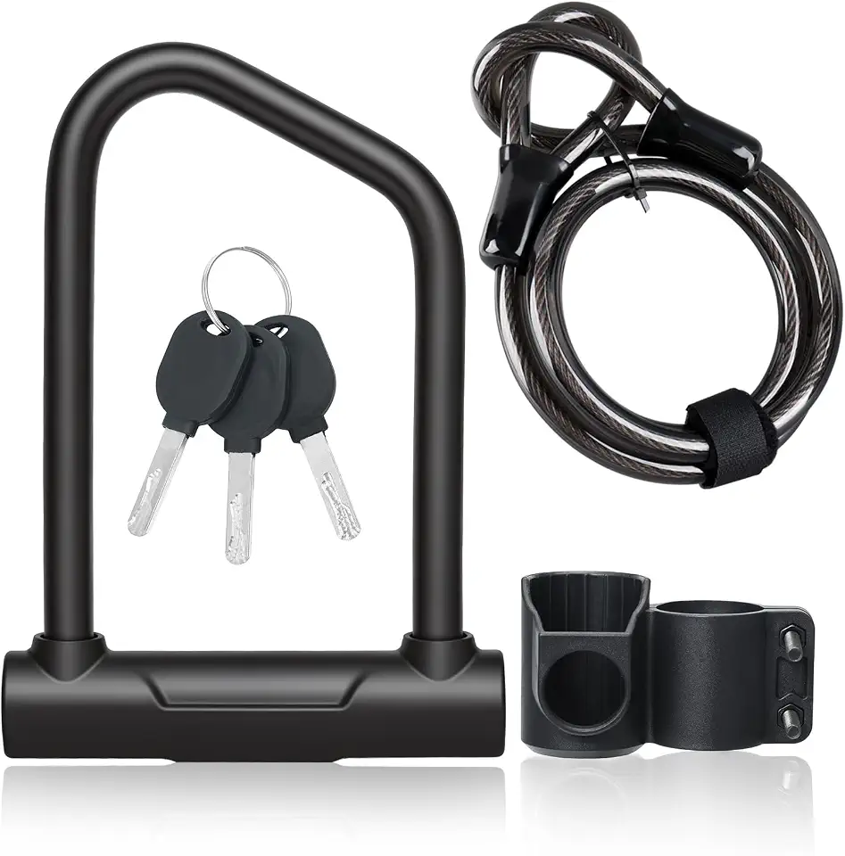 Cadeado para Bicicleta Tamanho Grande, Cadeado em U Antifurto Reforçado com Cabo de Aço de 120 cm – Arco de 17 mm com Chaves e Suporte para Bikes de Estrada, Mountain Bike, Elétricas e Dobráveis
