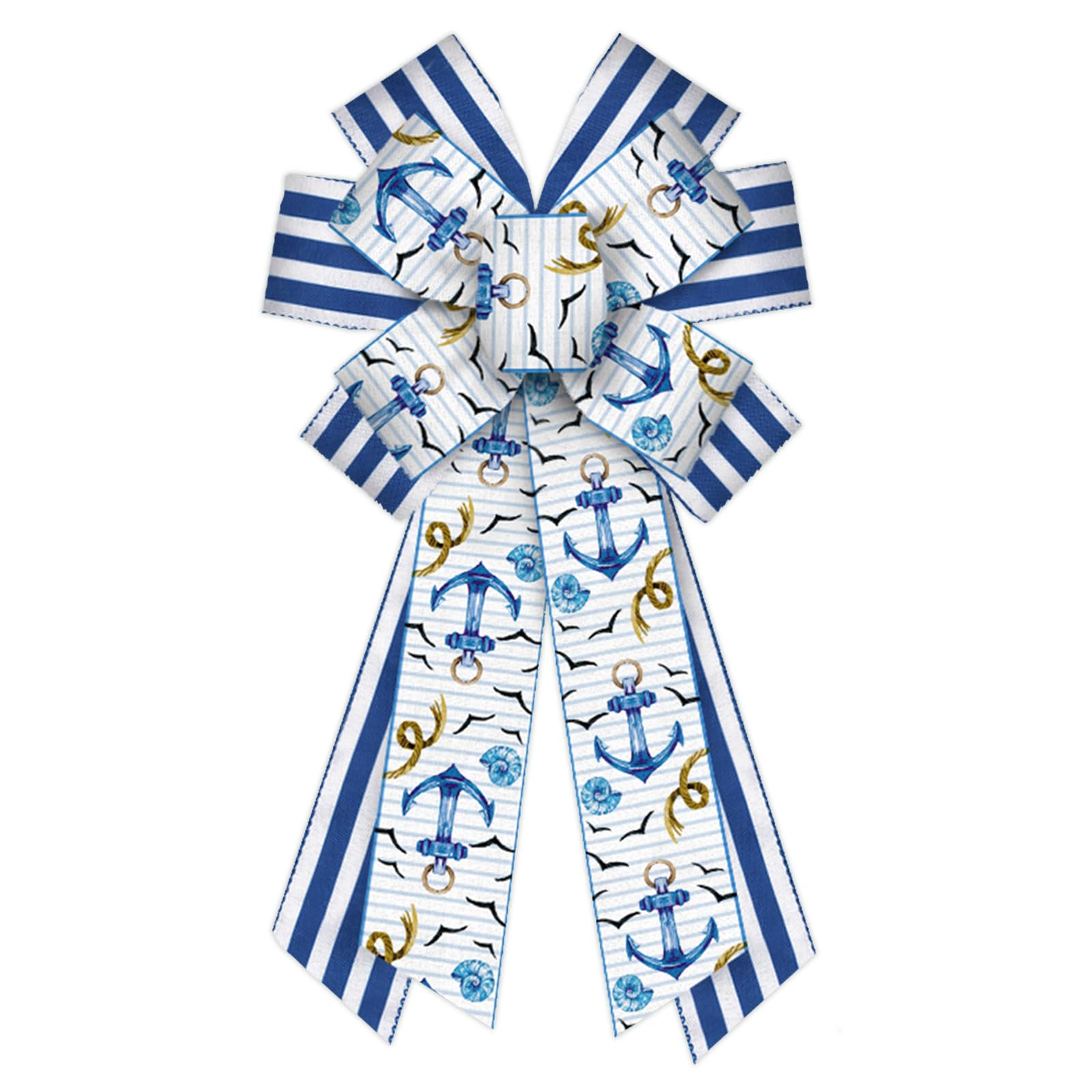 On-Airstore Large Summer Wreath Bows Sea Navigation Burlap Bows for Wreath, Blue Stripe Ribbon Bows Ocean Boat Anchor Decor Bows for Summer Indoor Outdoor Decoration Wreath Ornament Supplies