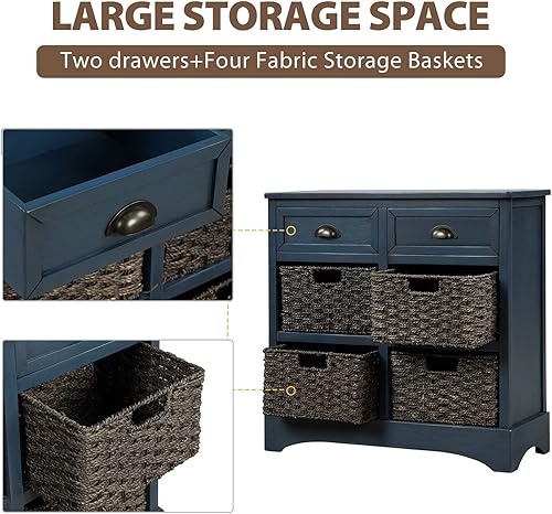 Miniatura 4 de P PURLOVE Armario de almacenamiento de estilo retro con 2 cajones de madera y 4 cestas de mimbre para el hogar, cocina, entrada, sala de estar (azul