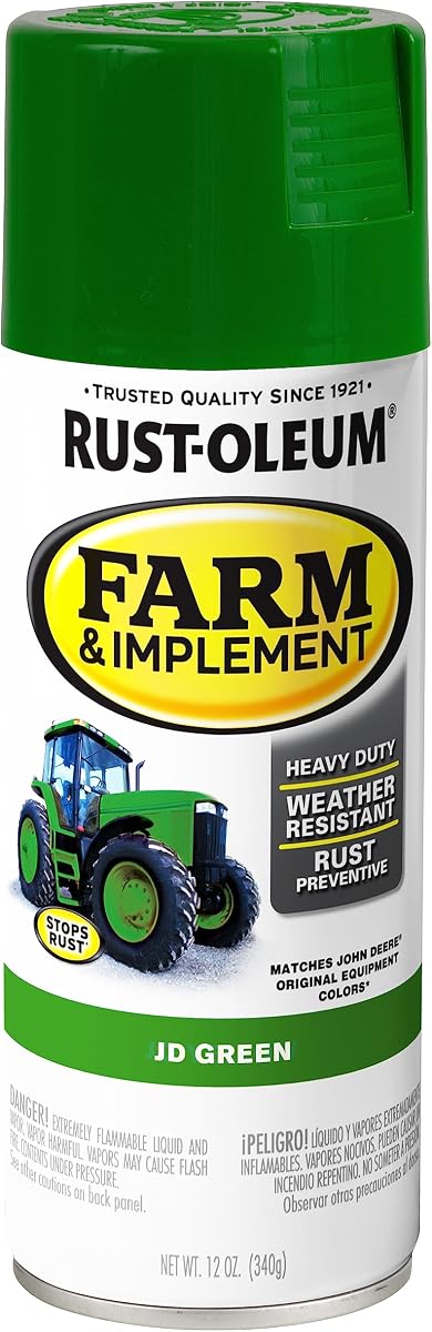 Rust-Oleum Farm & Implement Pintura en aerosol verde JD | Recubrimiento para tractores e implementos, restauración de equipos, prevención de oxidación, acabado duradero para exteriores, 12 onzas