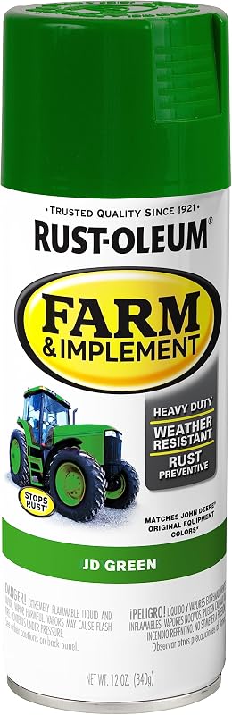 Rust-Oleum Farm & Implement Pintura en aerosol verde JD | Recubrimiento para tractores e implementos, restauración de equipos, prevención de oxidación, acabado duradero para exteriores, 12 onzas