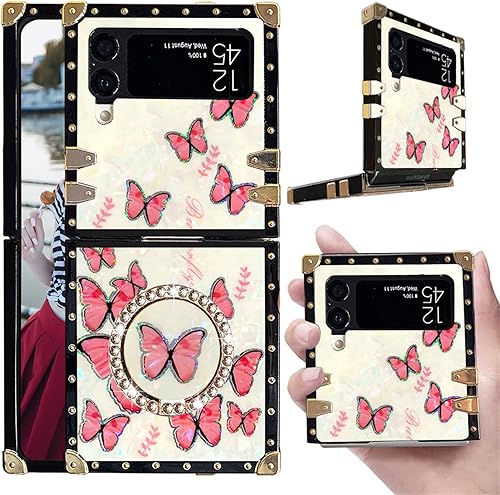 CCSmall Funda cuadrada para Samsung Galaxy Z Flip3 con soporte de anillo para mujeres y niñas, bonita y elegante decoración de metal, funda de TPU