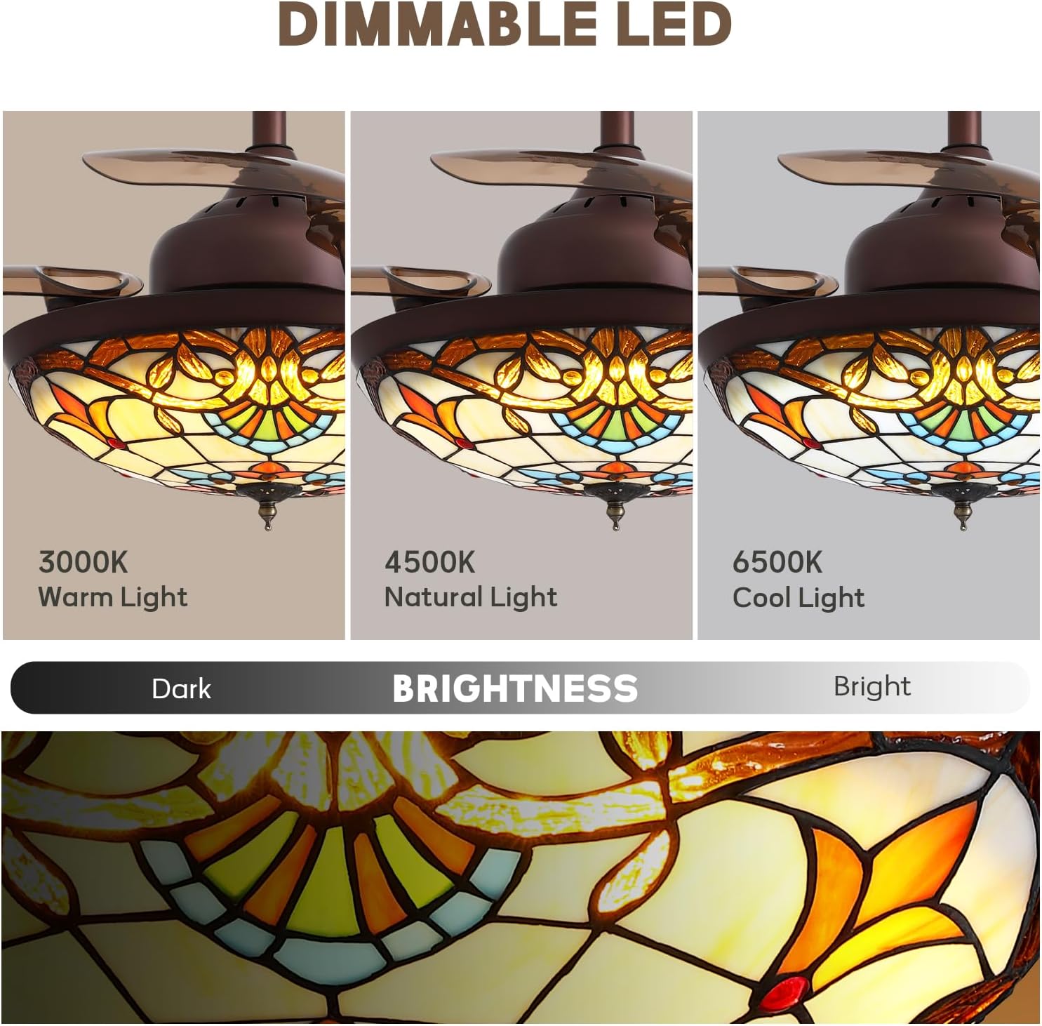 CROSSIO 36" Tiffany Style Ceiling Fan with Lights Vintage Fandelier Stained Glass Ceiling Fans with Lights Retractable Blades Chandelier Fan with Dimmable LED for Bedroom Living Room