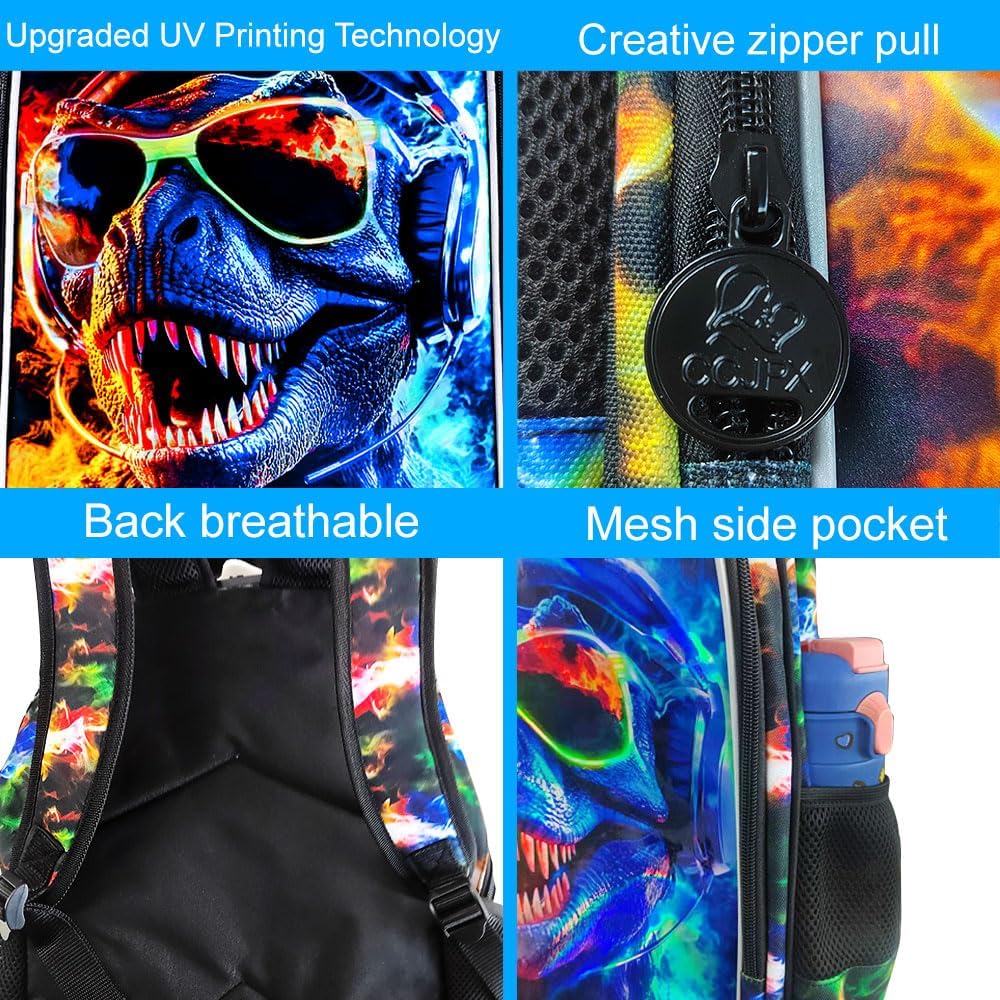 3PCS Dinosaur Backpack for Boys, Water Resistant Kids Bookbag with Lunch Box, 17" School Bag Set for Teenagers Middle Elementary - Sunglasses Dinosaur - Image 6