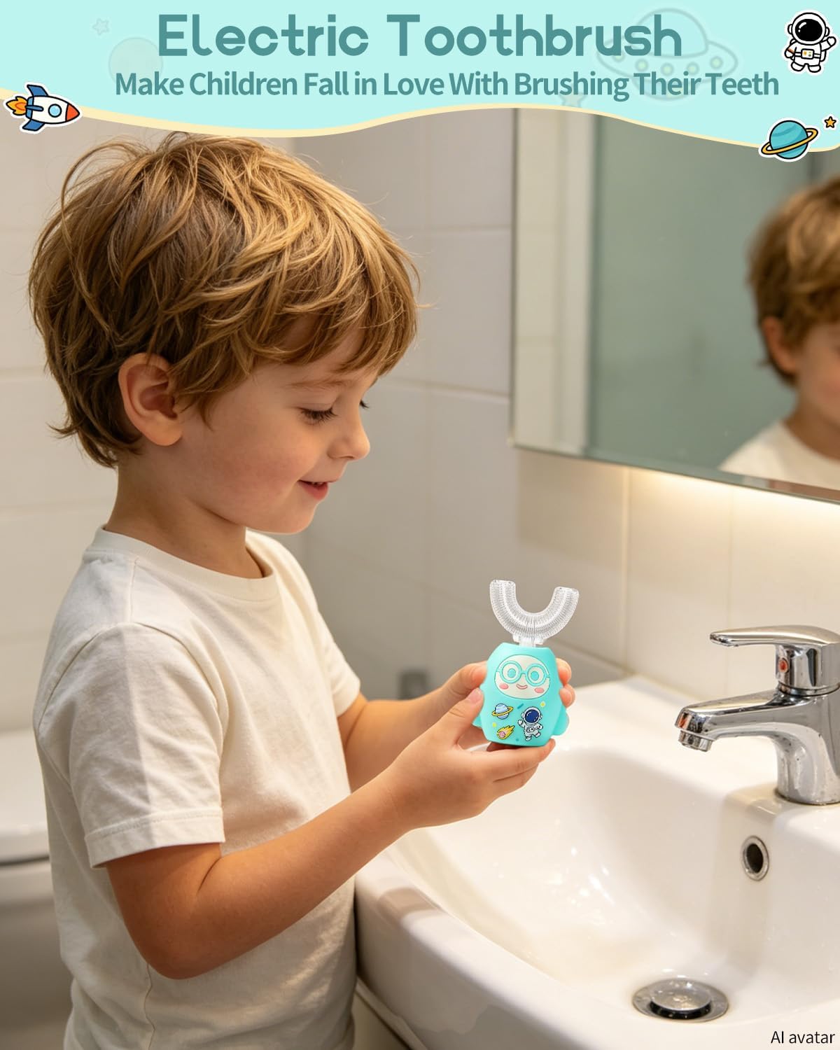 Kids U Shaped Electric Toothbrush, 360 Degree Full Mouth Sonic Toothbrush with 4 Brush Heads, IPX7 Waterproof 3 Modes Cleaning Cartoon Design (2-12 Age, Green)