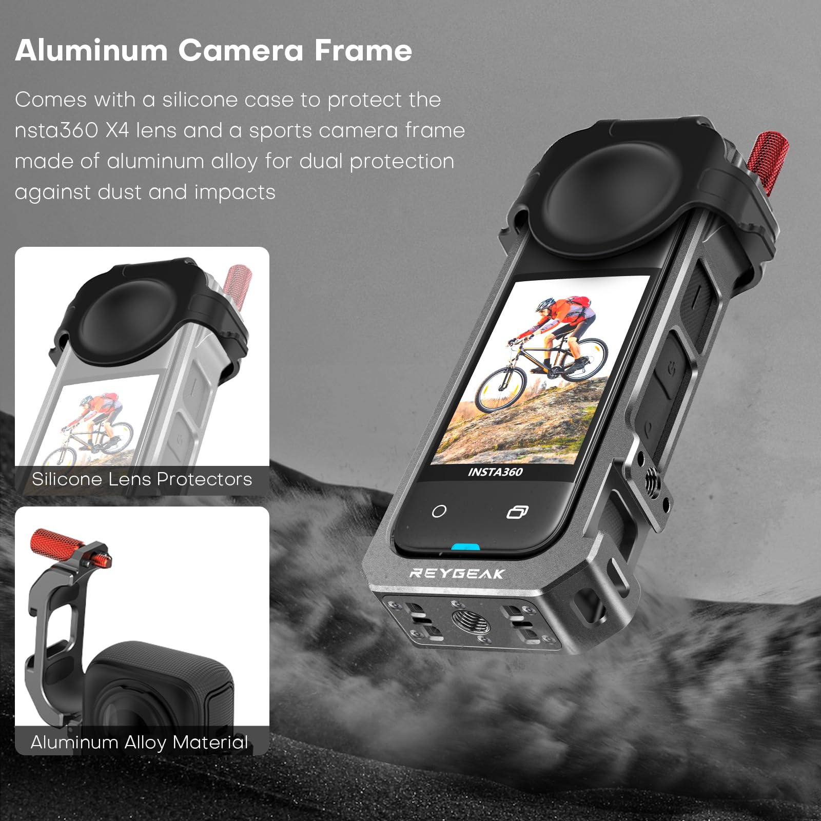 REYGEAK Do klatki Insta360 X4, aluminiowa rama do Insta360 X4, uchwyt podstawy aparatu do szybkiego zwalniania z gwintem 1/4 cala, etui ochronne z silikonową osłoną obiektywu.