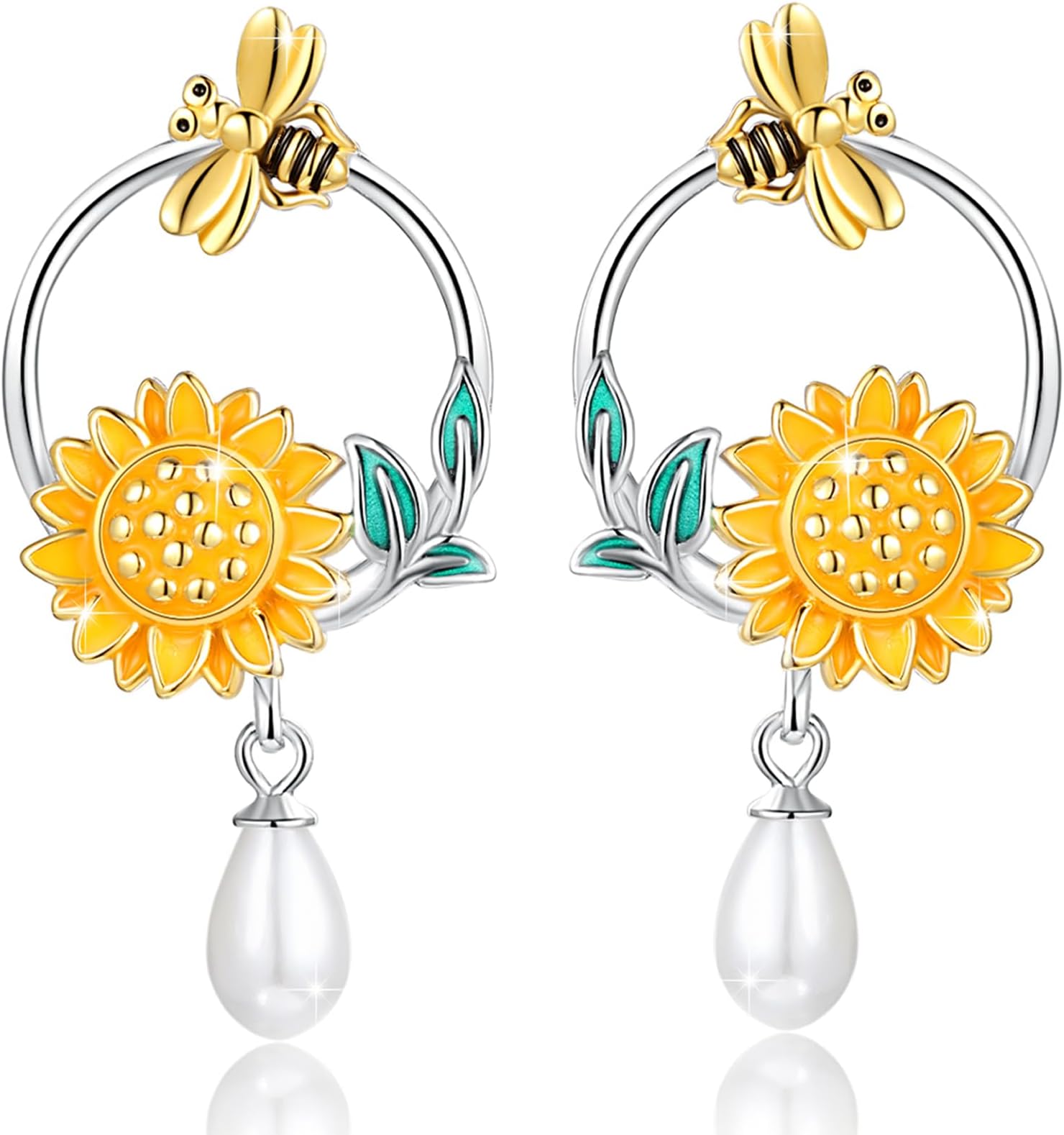 CuokaSunflower Hoop Earrings 925 Sterling Silver You Are My Sunshine Hoop Huggie Earring Hypoallergenic with Teardrop Pearl Bee and flower Jewelry Gifts for Girls Women, Sterling Silver, Turquoise