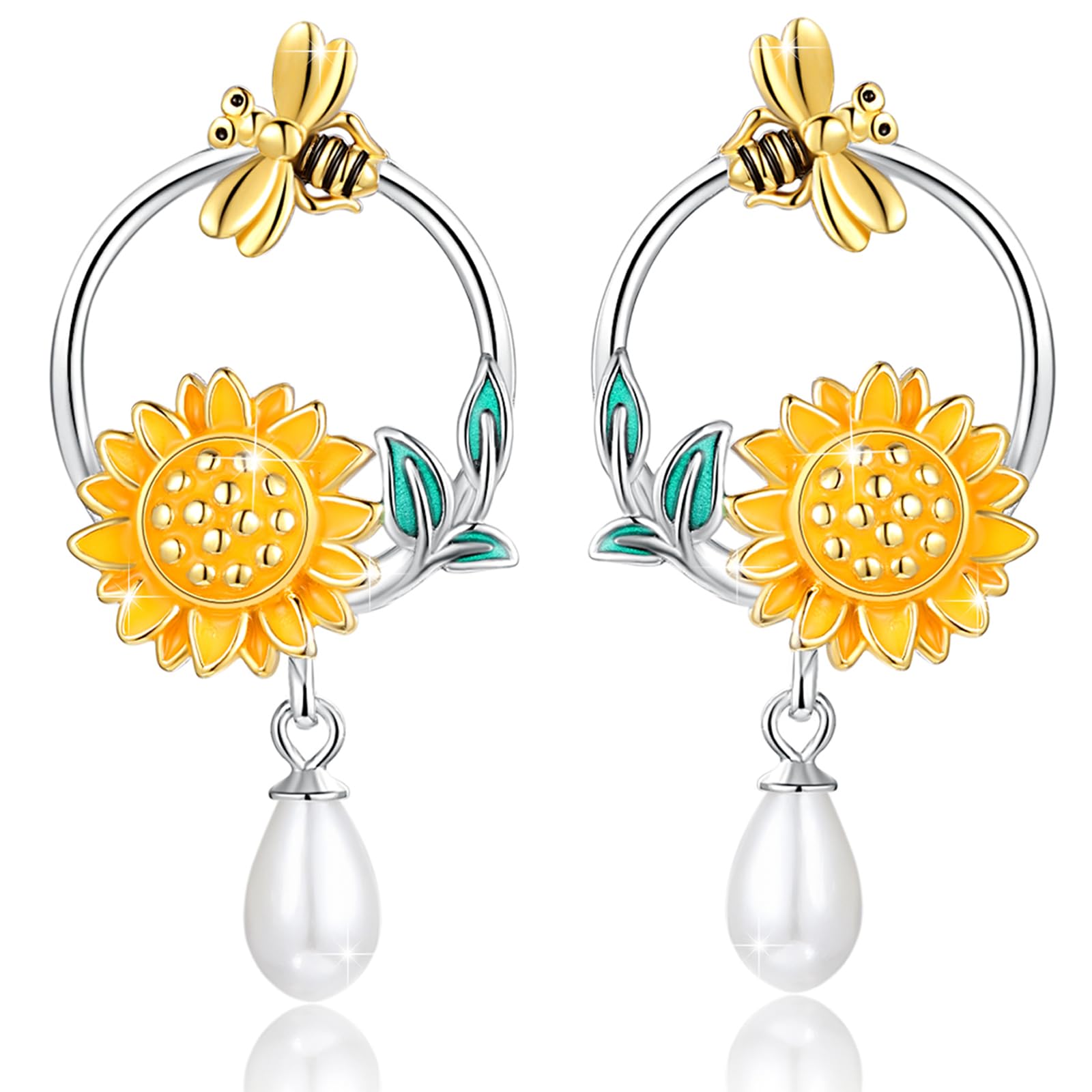 CuokaSunflower Hoop Earrings 925 Sterling Silver You Are My Sunshine Hoop Huggie Earring Hypoallergenic with Teardrop Pearl Bee and flower Jewelry Gifts for Girls Women, Sterling Silver, Turquoise