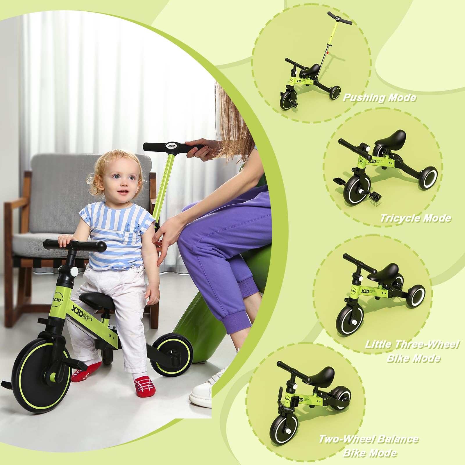 XJD 4 in 1 Triciclo per Bambini Con Putter Staccabile Bicicletta Equilibrio Adatto per età 1-3Anni (Verde)