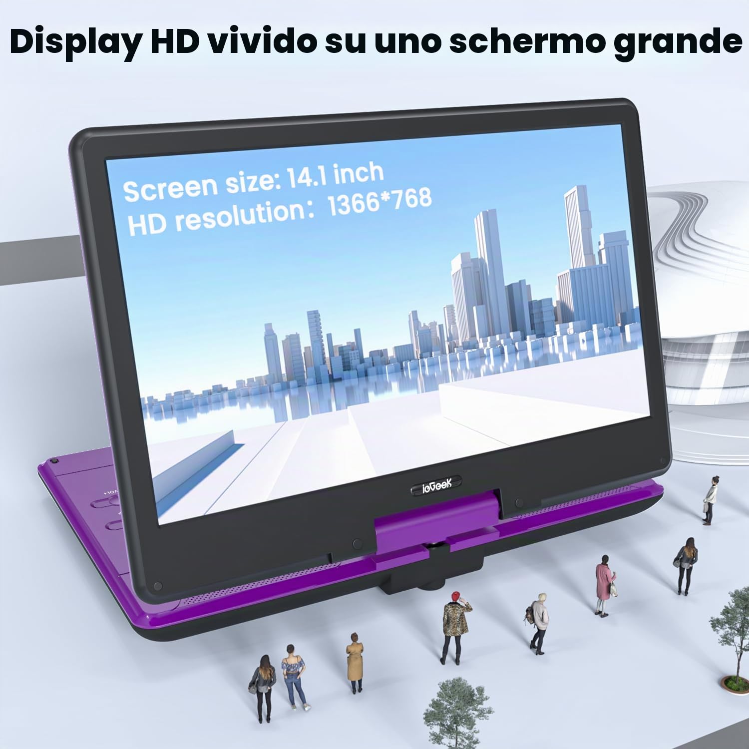 ieGeek Lettore DVD Portatile da 16 Pollici con Schermo Girevole da 14,1", Ingresso HDMI, Batteria Ricaricabile 6 Ore, Senza Regione, Riproduzione USB/SD per Anziani, Bambini e Viaggi