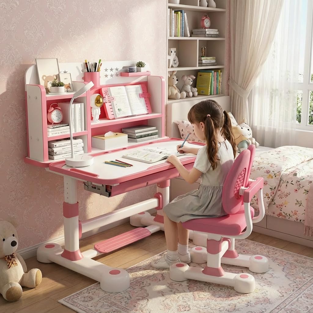 Kids Ergonomic Desk and Chair Set, Height Adjustable School Study Table with Bookshelf, Drawer and Spine Support Backrest, Kids Desk and Chair for Bedroom&amp;Study Room (Pink D)