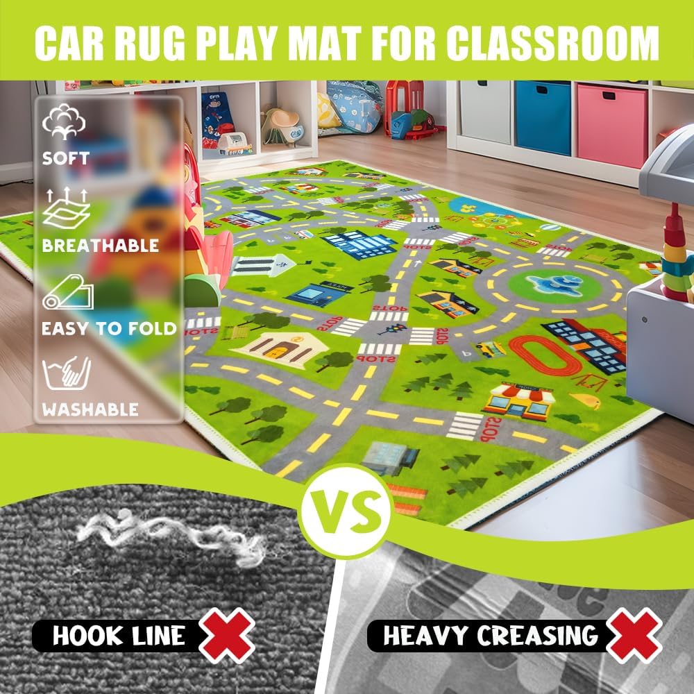 Kids Carpet Car Rug Play Mat, Road Rug - Play Learn and Have Fun Safely - Extra Large Thick (0.6cm) Kids Carpet for Playroom, Kids Bedroom, Toddler Room, Non-Slip Rugs(KR1,2.6 * 4ft)