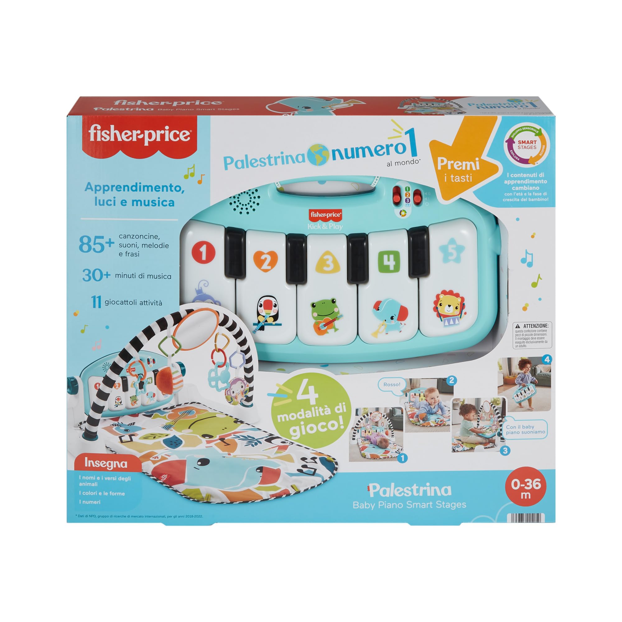 Fisher-Price - Palestrina Baby Piano, Set Musicale Portatile con 3 Livelli di apprendimento Smart Stages, Include 10 Giocattoli collegabili, Versione Italiana, Giocattolo per Bambini, 0+ Mesi, HWY53