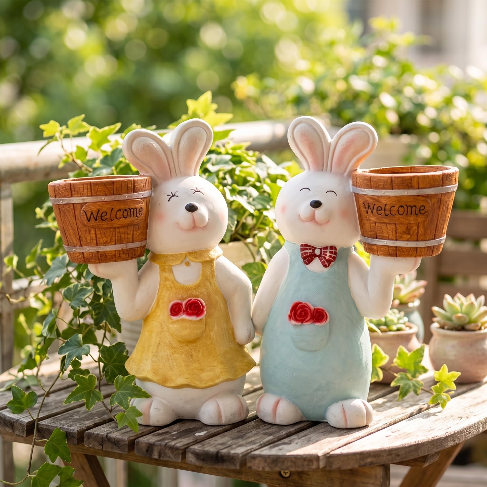 Figur mit Blumentopf detailreich Gartenfigur Hase mit Pflanzkübel verspielt Blumentopf für Gartenliebhaber, Eingangsbereich