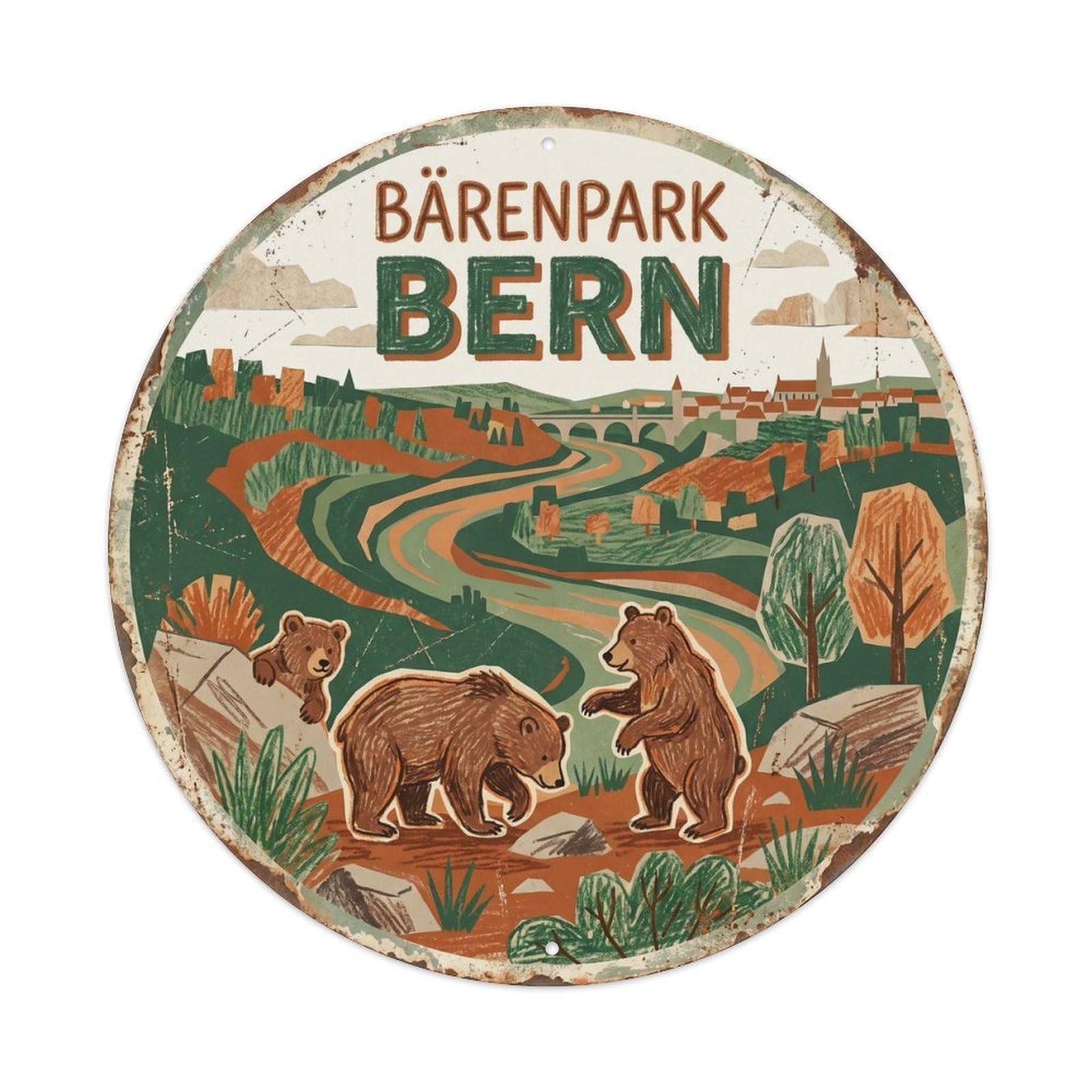 Cmhok Vintage Style-25 Vintage Travel Bear Park Bern Artwork Metal Tin Sign Plaque Wall Decor For Cafe, Club, Garden Round Metal Poster 8X8inch