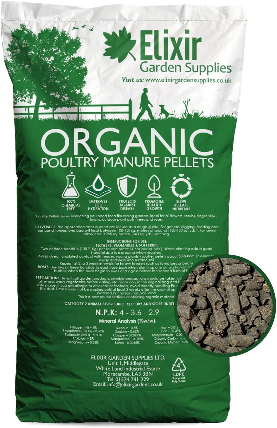 Elixir Gardens UK Chicken Poultry Organic Super Concentrated Farm yard Manure Pellets 20Kg BAG | Can treat over 500sqm