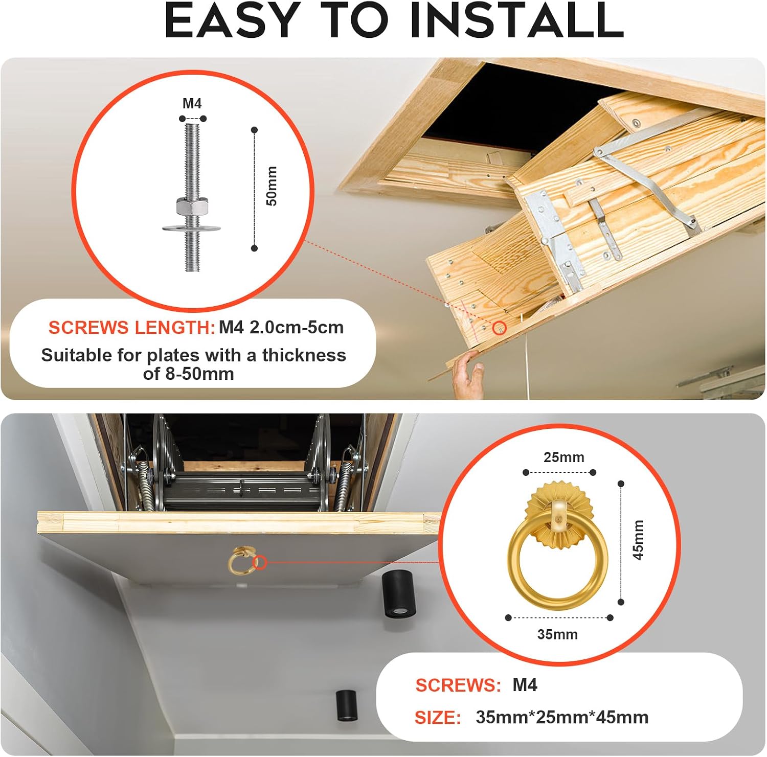 Complete Ladder Pull Down System Kit, Attic Stair Pull Kit, Includes 1 Attic Extension Rod up to 40 Inches and 1 Storage Hook.