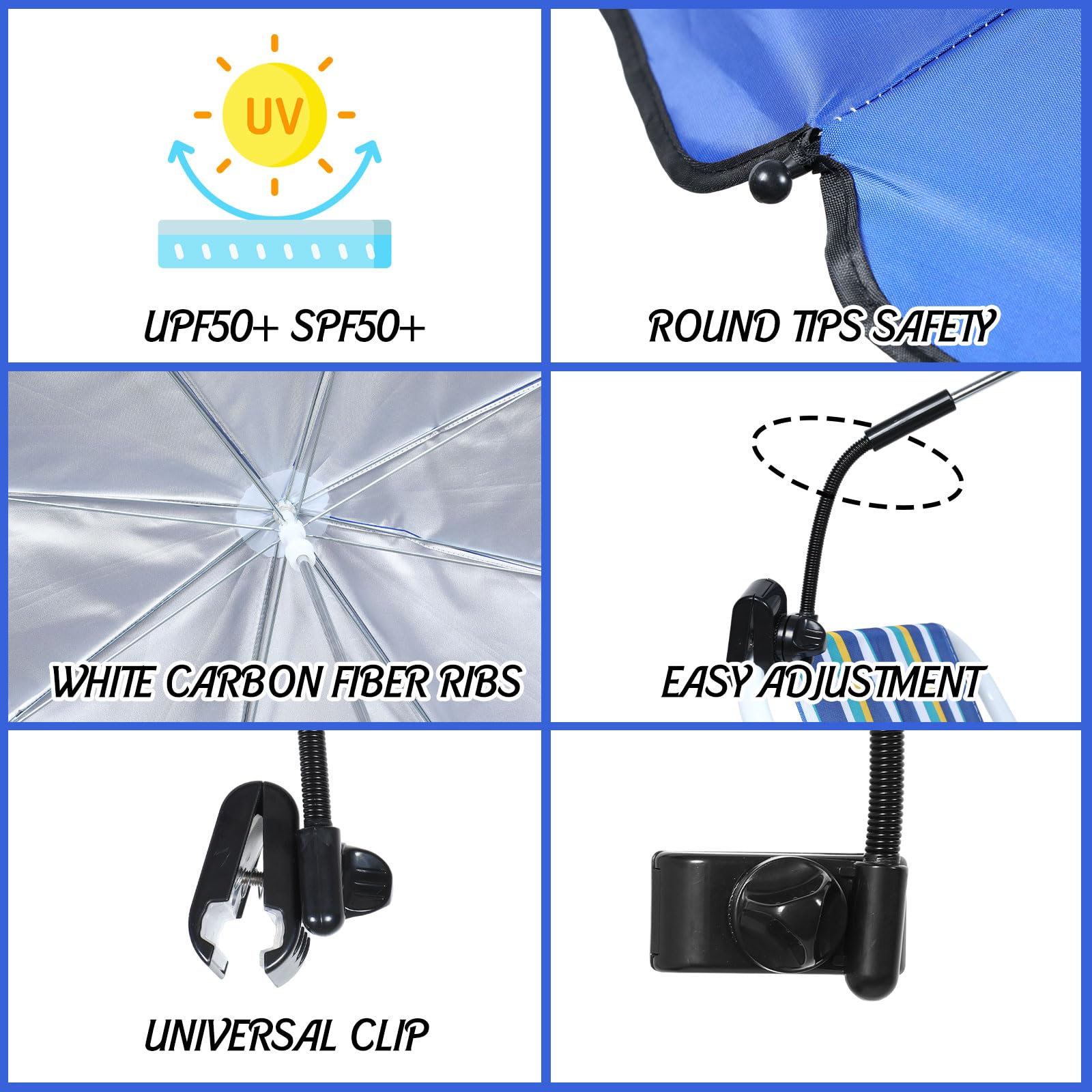 Silkfly Strandkorbschirm mit Universalklemme, verstellbar, UPF 50+, 360° Strandschirm, 96,5 cm, tragbarer Golfschirm für Stuhl, verstellbarer Schirm, für Strand, Camping, Terrasse, 6 Stück
