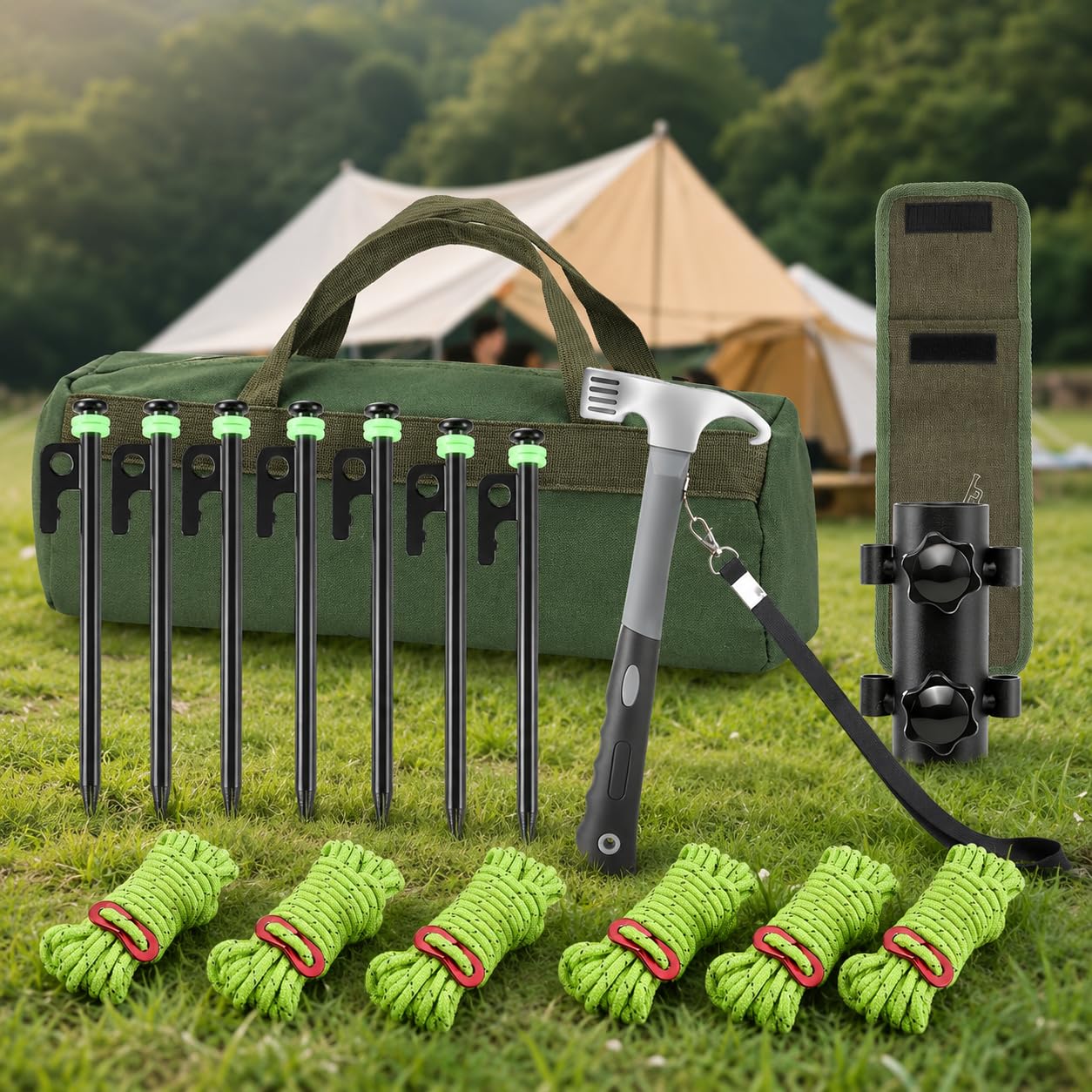 Qianly Robustes 21-teiliges Zeltzubehör-Set mit 20 cm Erdnägeln aus hochfestem Metall, windfest für Camping & Outdoor, reflektierende Abspannseile