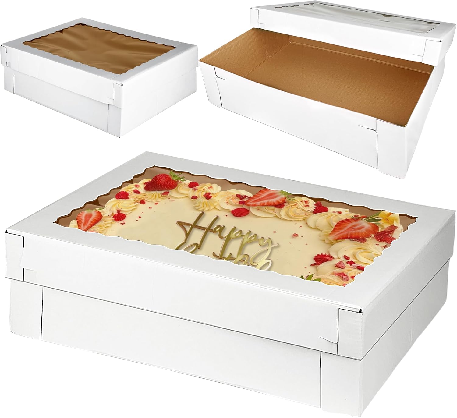 KEEPARTY 3PCS 20×14×5 Inch Cake Box with Window Corrugated Rectangular Cake Box Large Sheet Bakery Boxes for Weddings Birthdays Parties and Celebrations