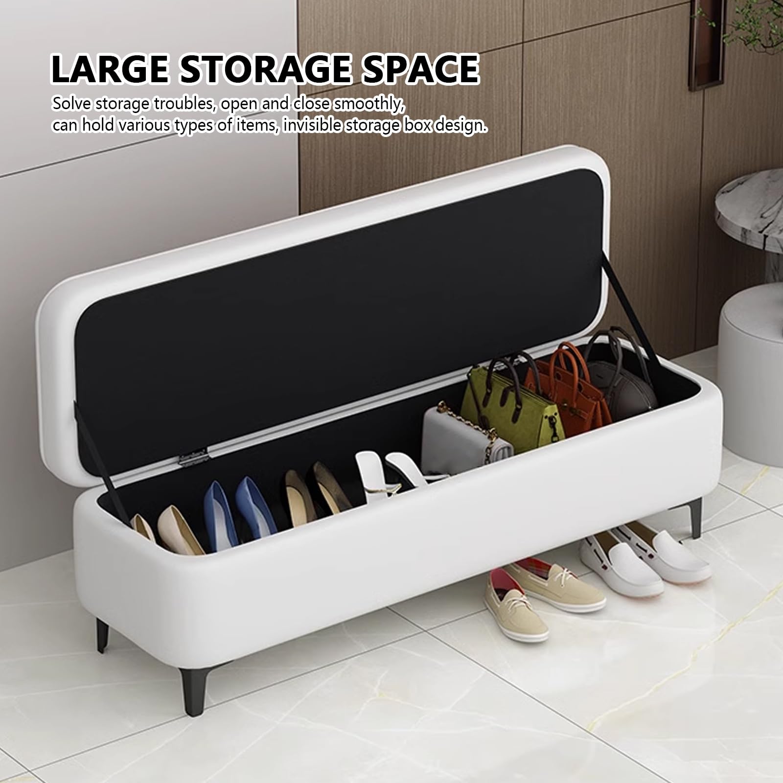 Moderno salotto panca scarpiera con cuscino, interno ingresso contenitore panca seduta con seduta, panca fondo letto matrimoniale, panca camera da letto con seduta, mobile scarpiera ingresso.