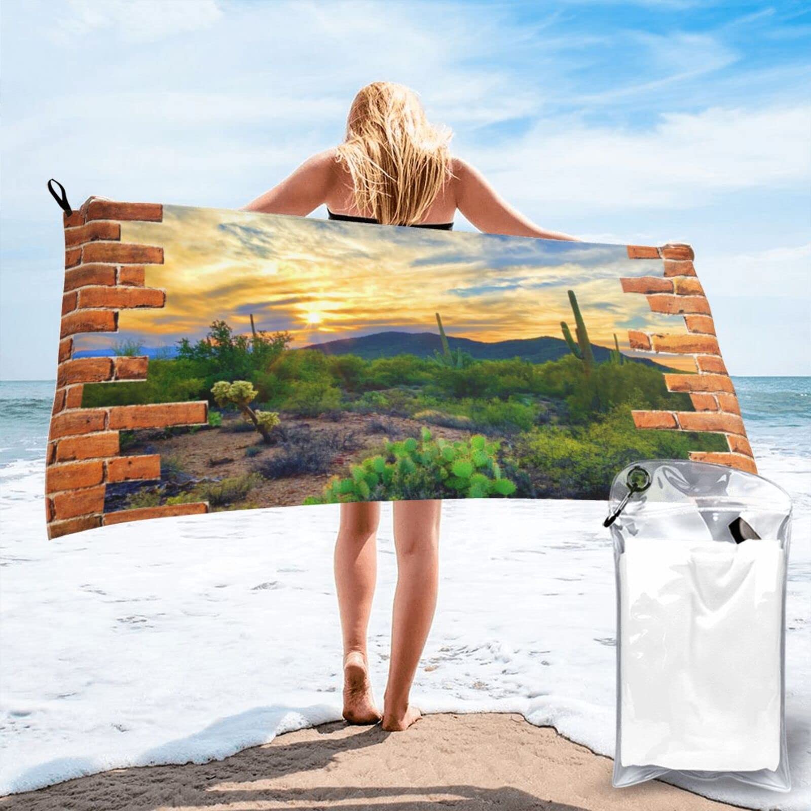 Lawenp Cactus in Sunset Landscape Microfiber Beach Towel Adults Large Quick Drying Bath Towel Travel Towels with Pouch 27.5"x55"