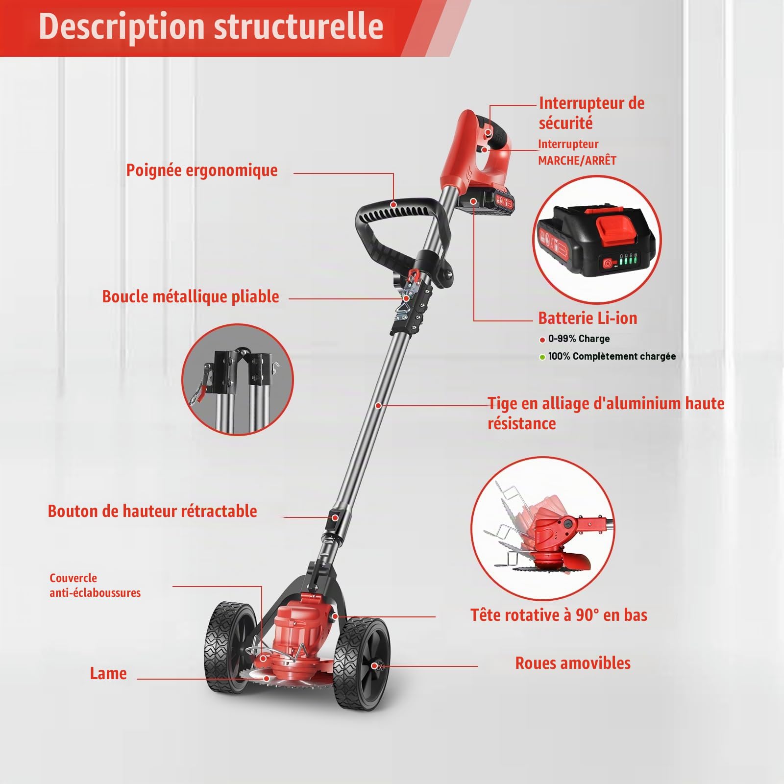 Débroussailleuse 21V sans Fil 2 Batteries 3 Lames avec Roues