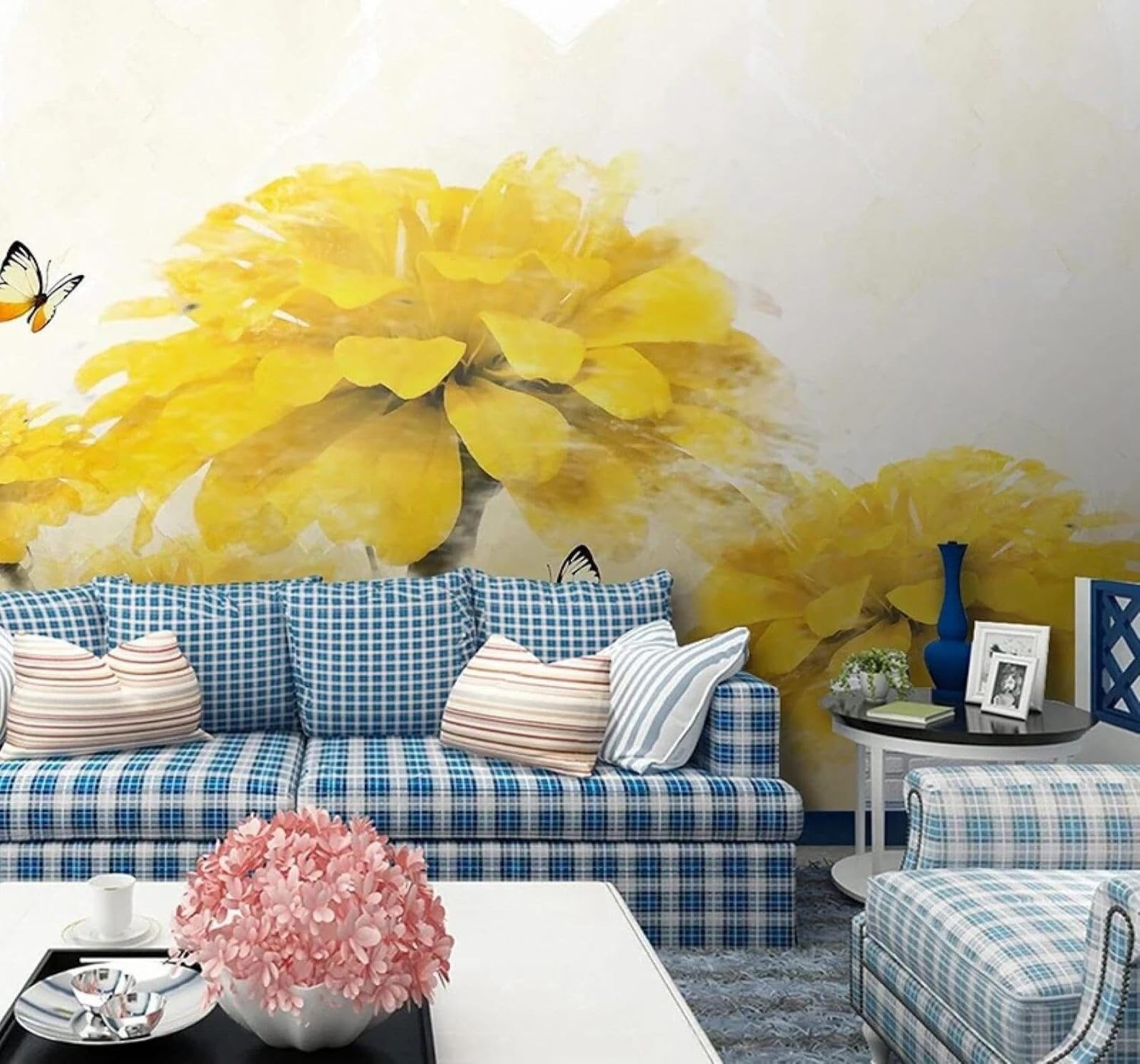 XLMING Papier Peint 3D Dessin À La Main Chaleureux Jaune Fleurs Papillons