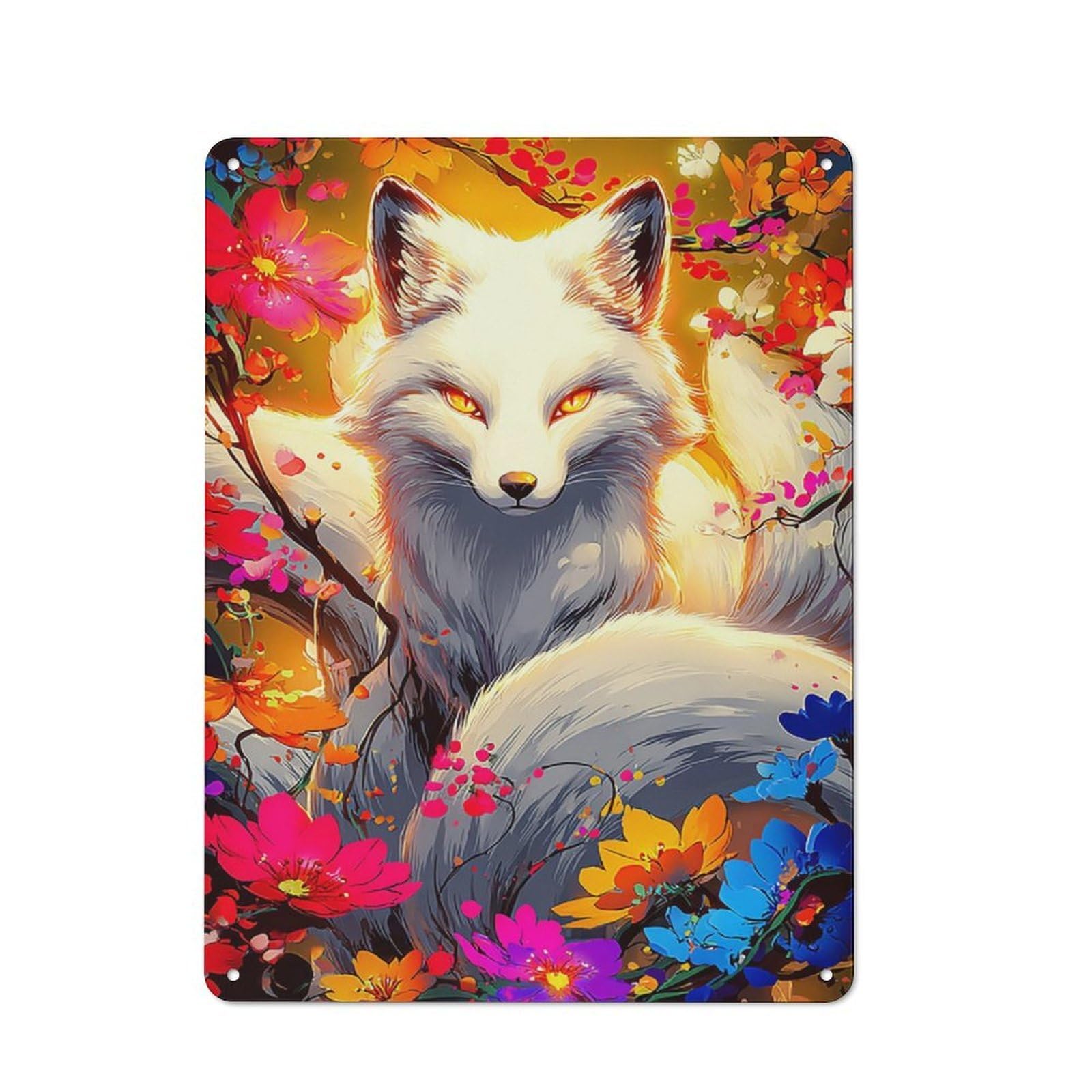 Junmoney Fox Amidst Vibrant Flowers -1 Retro Tin Sign 40X30cm For Dining Room Or Kitchen, Suited To Kitchen Wall Decor Lovers