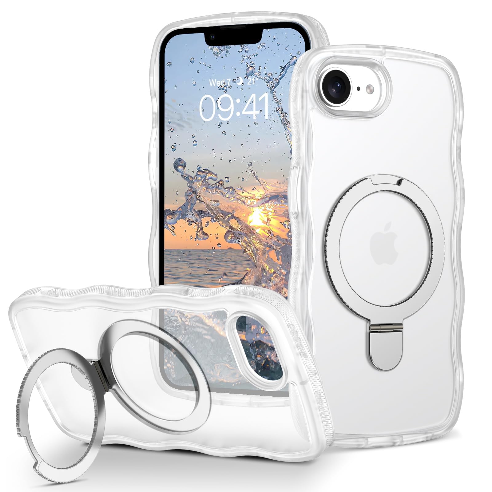 BENTOBEN for iPhone 16e Case with Stand, Cute Curly Wave Frame 16e Phone Case Magnetic Ring Holder Compatible with MagSafe, Translucent Matte