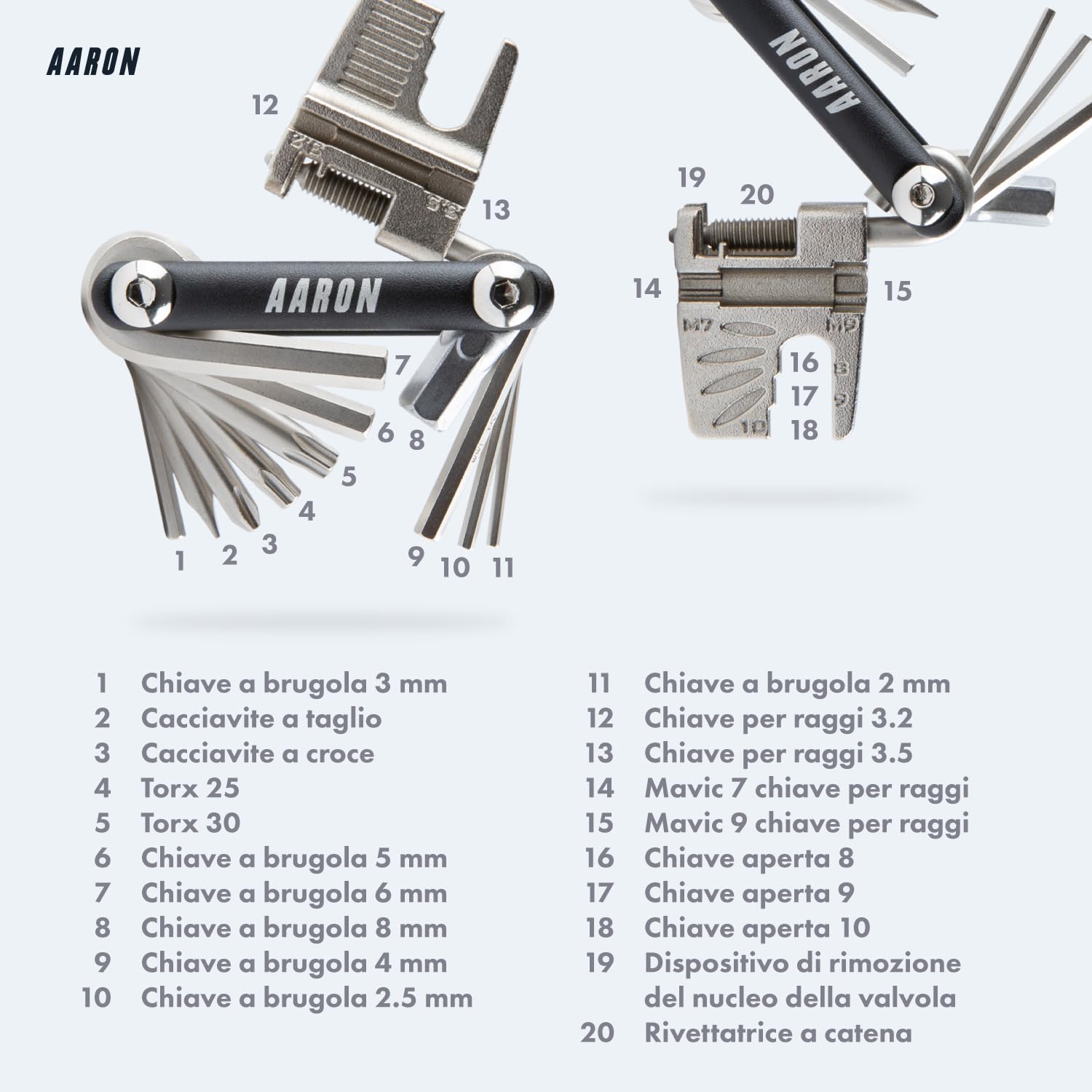 AARON Attrezzo multifunzione 20 in 1 – Attrezzo multifunzione per bicicletta in acciaio inox / alluminio – Mini attrezzo pieghevole per bicicletta con molte funzioni – pratico strumento per bici in