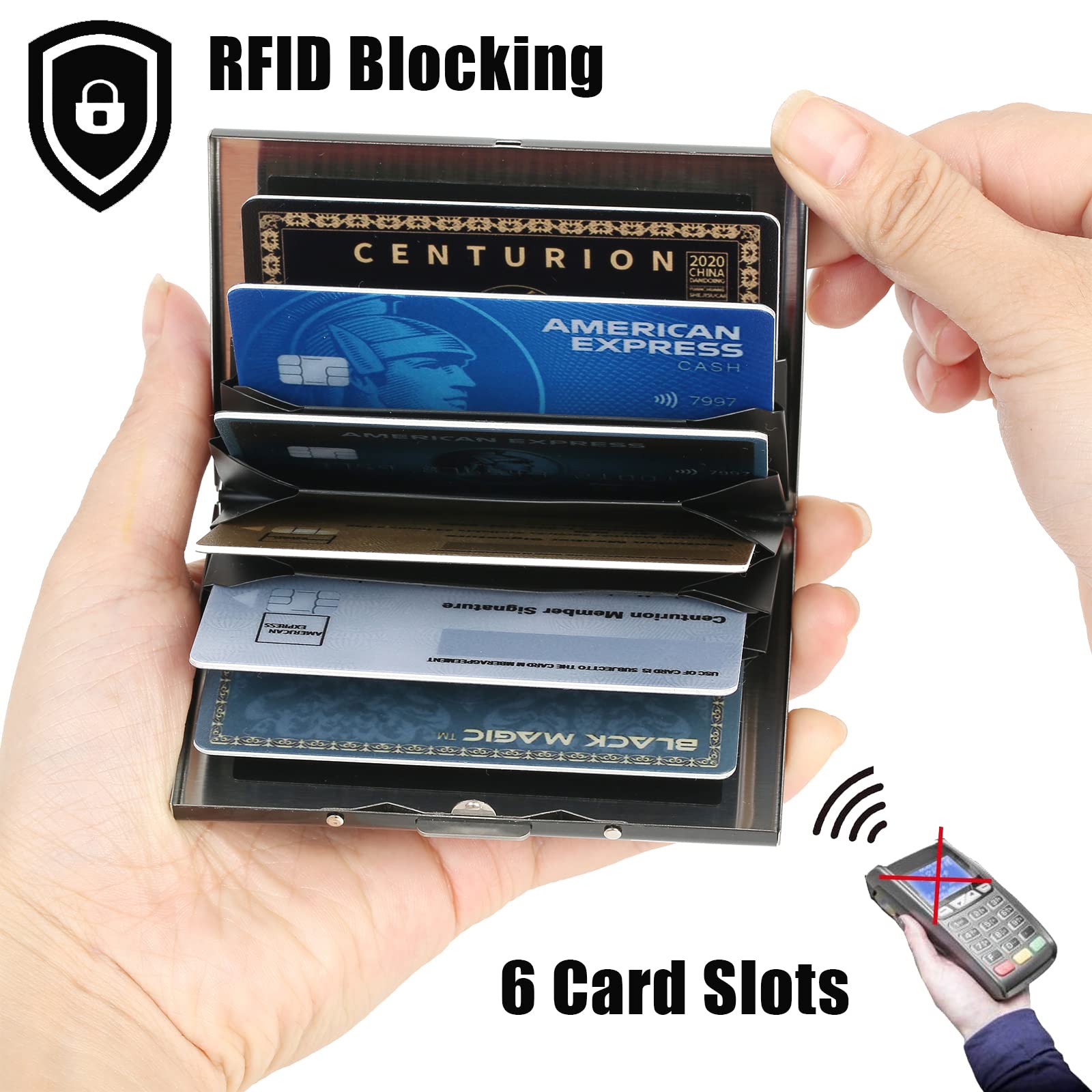 Etui na Karty Kredytowe z 6 Przegródkami dla Kobiet, Mężczyzn, Smukły Metalowy Portfel ze Stali Nierdzewnej z Blokadą RFID, do Ochrony inFormacji o Kartach. (6 Kart/Czarny)